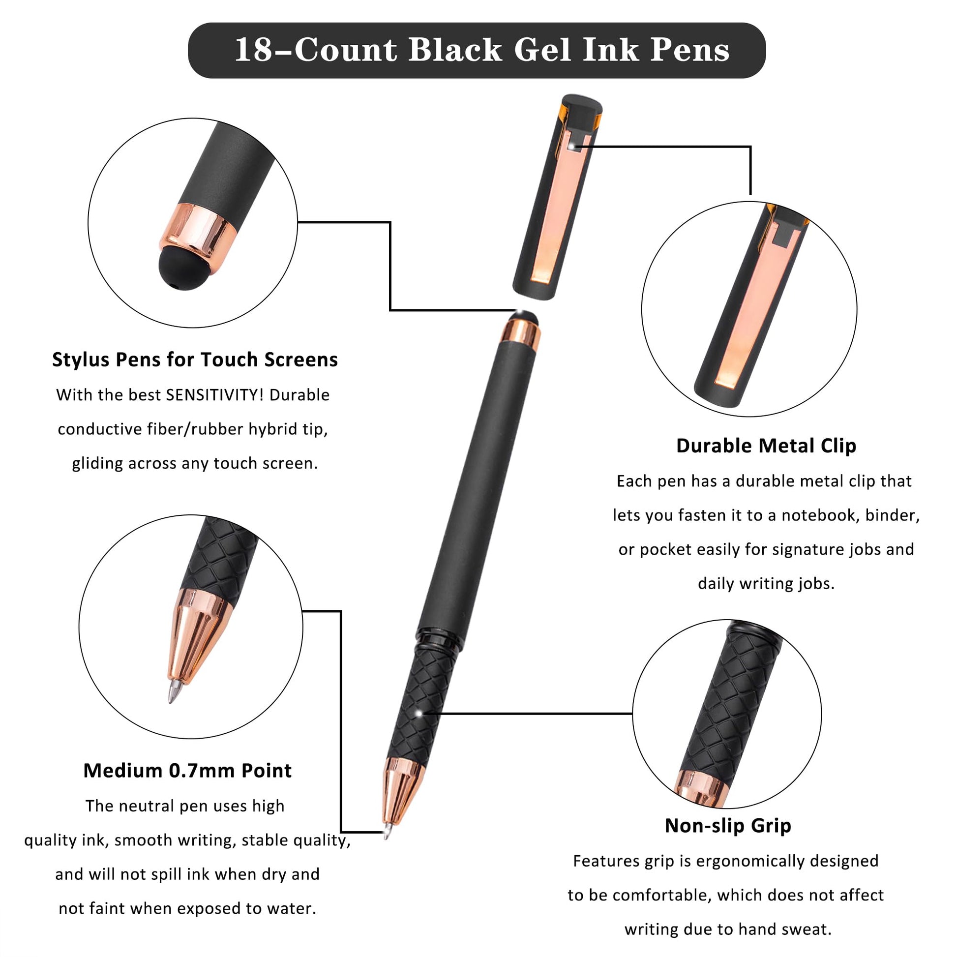 Linbsunne Black Gel Pens 0.7mm Medium Point Pen 2-in-1 Stylus