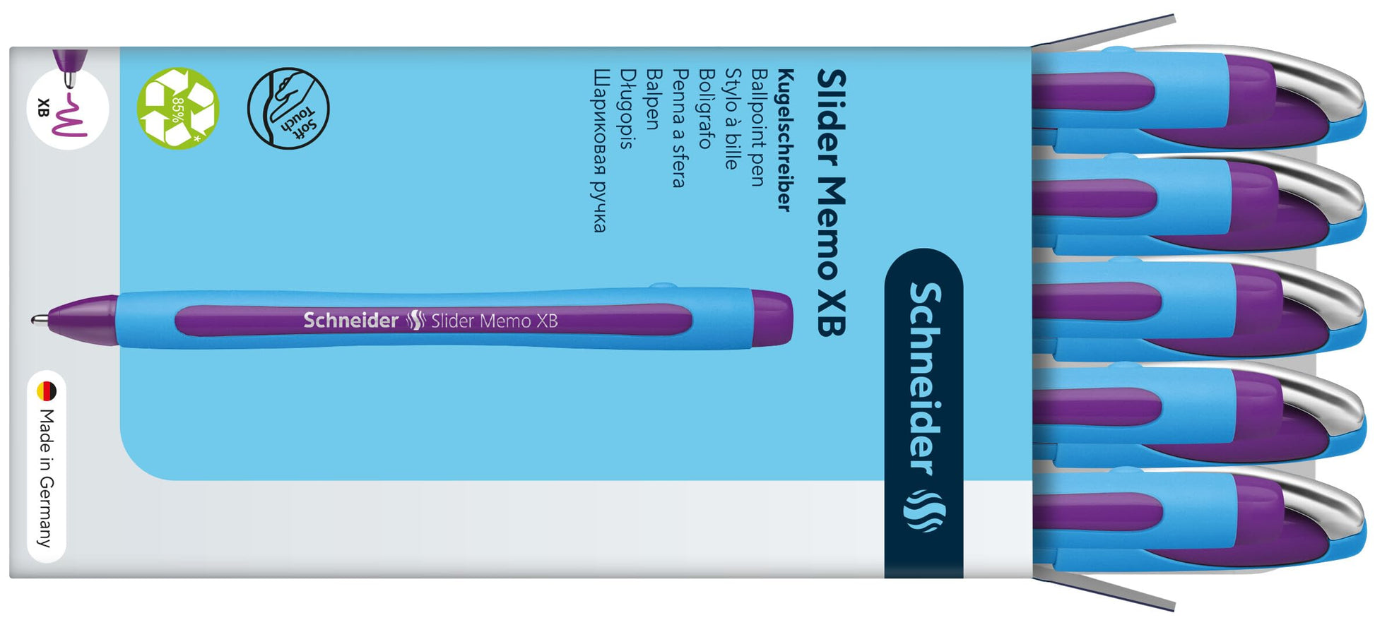 Schneider Slider Memo XB (Extra Broad) Ballpoint Pen, 1.4 mm, Light Blue Barrel, Violet Ink, Box of