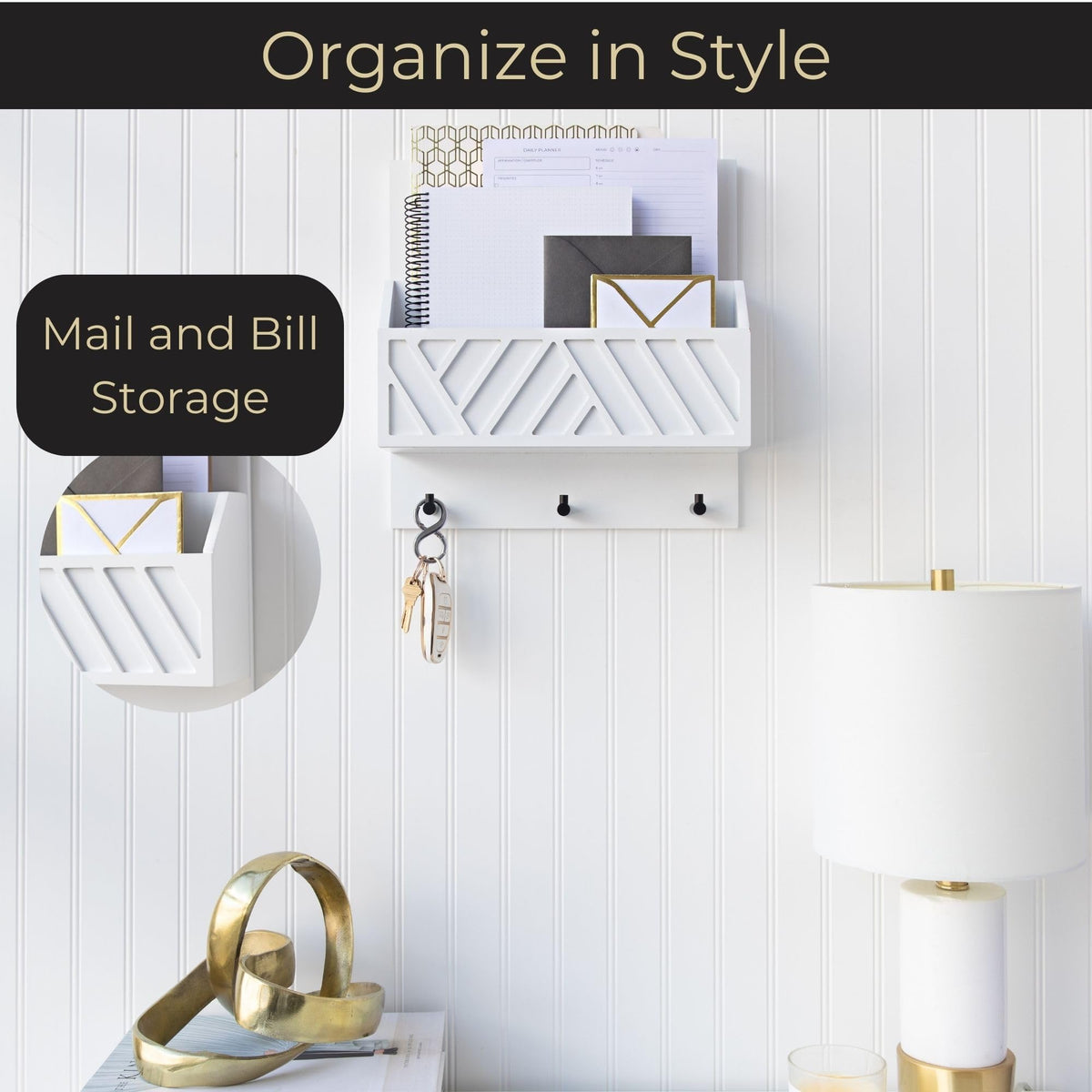 BLU MONACO | Wall Mount Key Holder with Mail Organizer | Wooden Command Center with 3 Hooks and