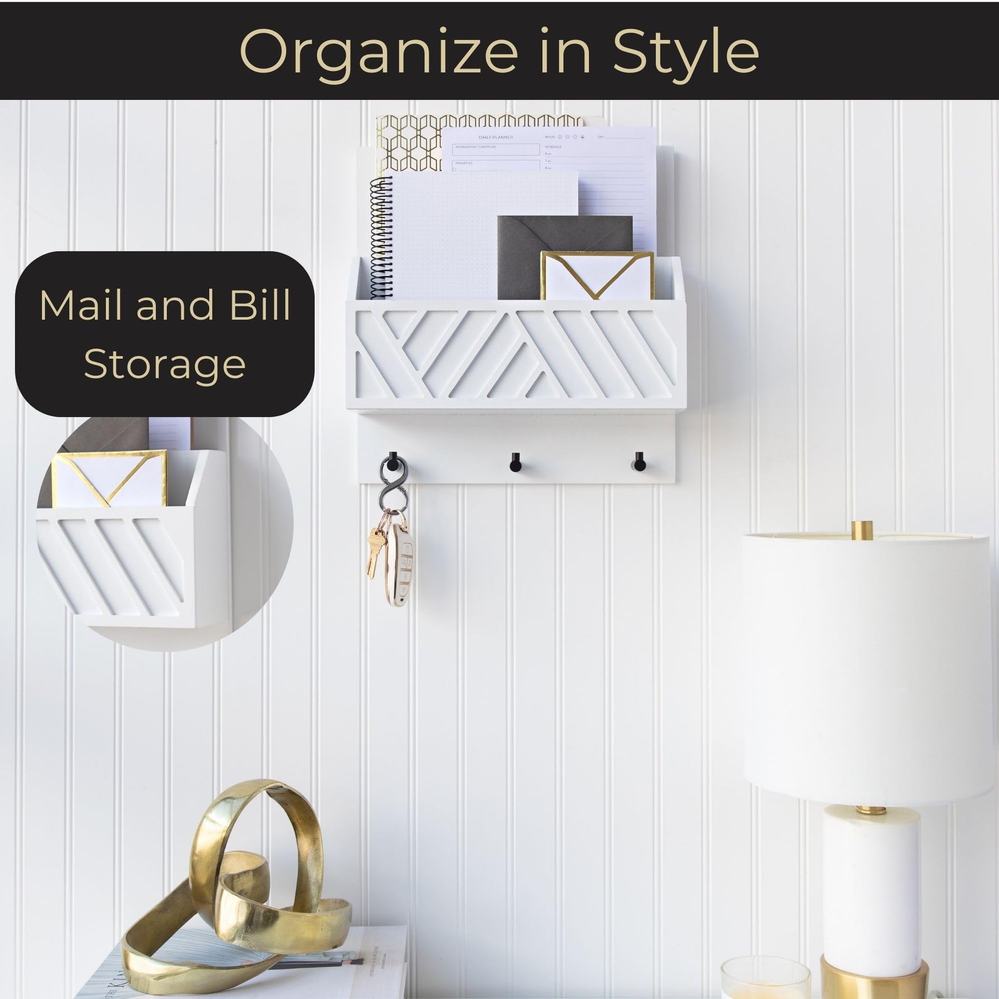 BLU MONACO | Wall Mount Key Holder with Mail Organizer | Wooden Command Center with 3 Hooks and