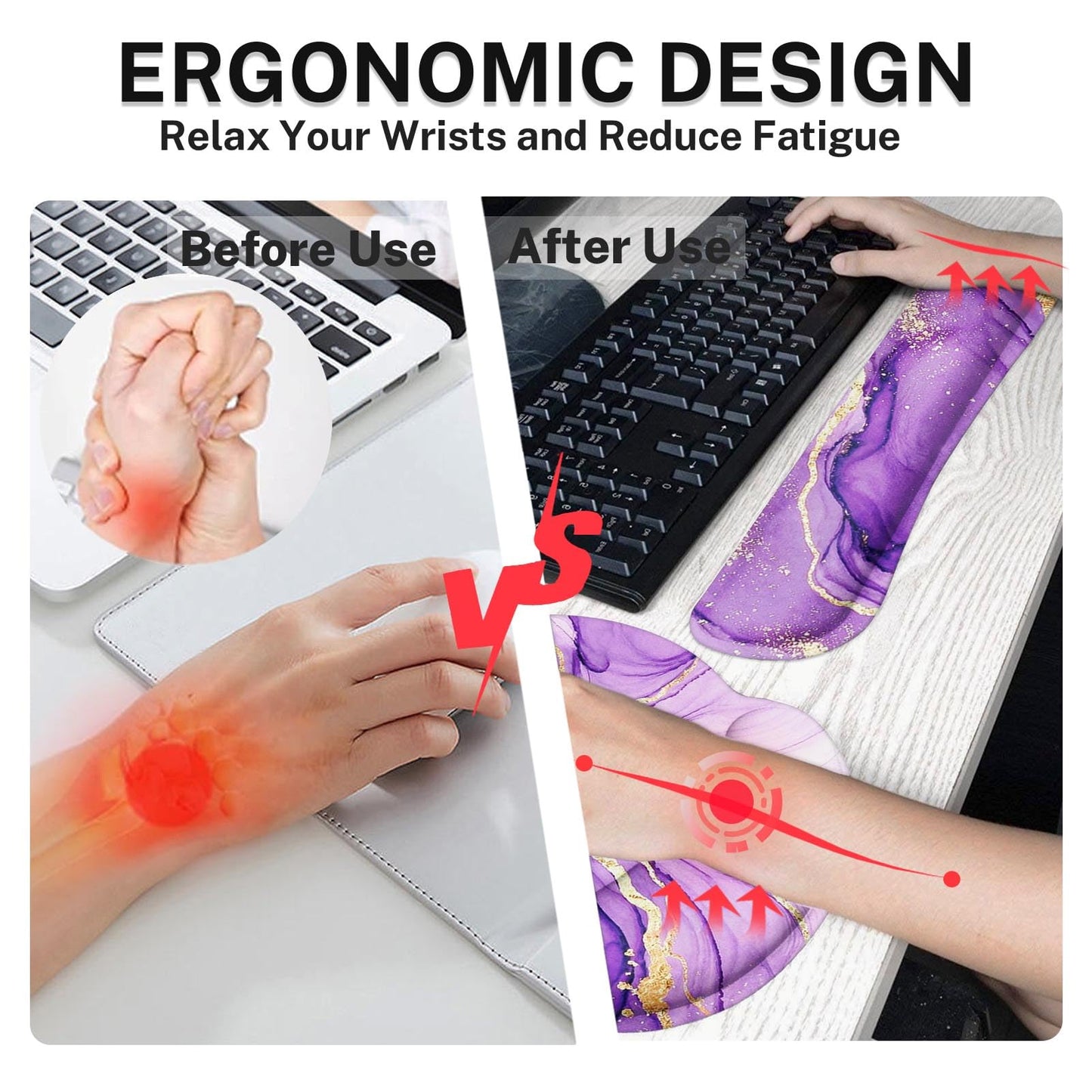 Arttown Keyboard Mouse Pad Set, 4 in 1 Desk Mat Set Marble Abstract Purple