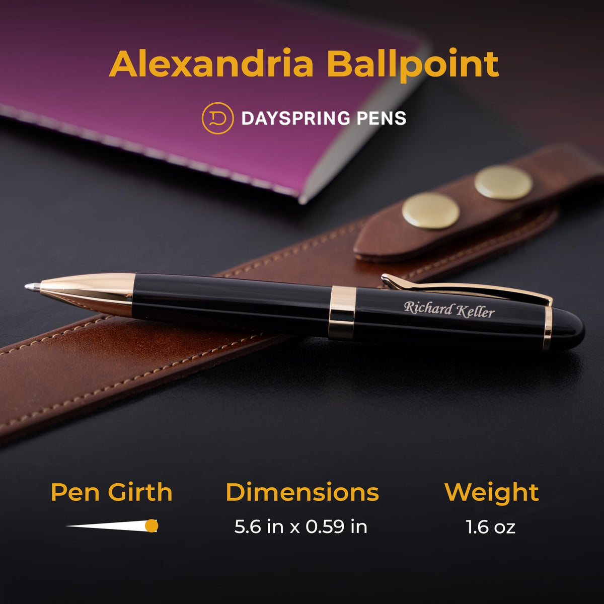 Dayspring Pens Alexandria Personalized Ballpoint Pen, Black with Gold Trim
