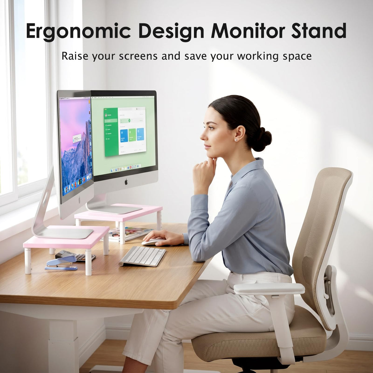 ECOLOVI Adjustable Wood Computer Monitor Stand Riser, Office Desk Organizer and Accessories for