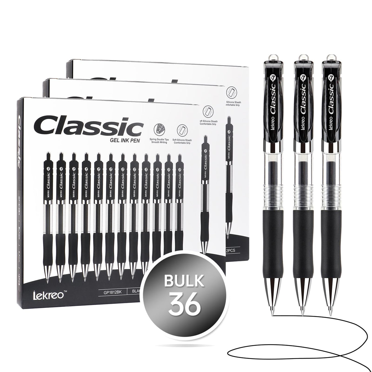 Lekreo Classic Retractable Gel Roller Pens, 0.7mm Fine Point Black Ink (Black - 36 Packs)