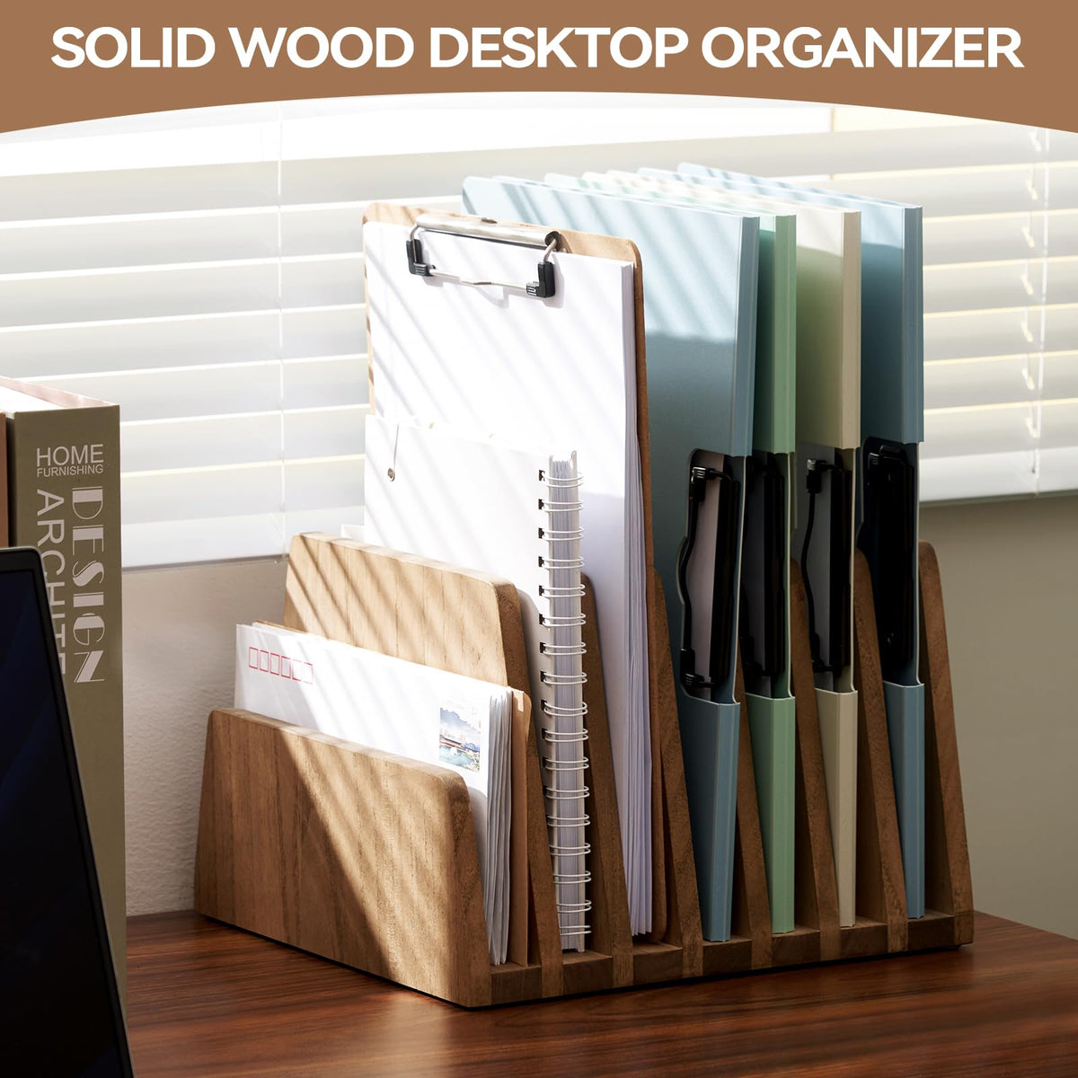 KIRIGEN Wooden File Organizer, 7-Slot Upright Holder for Desk, Brown 7K-DBR