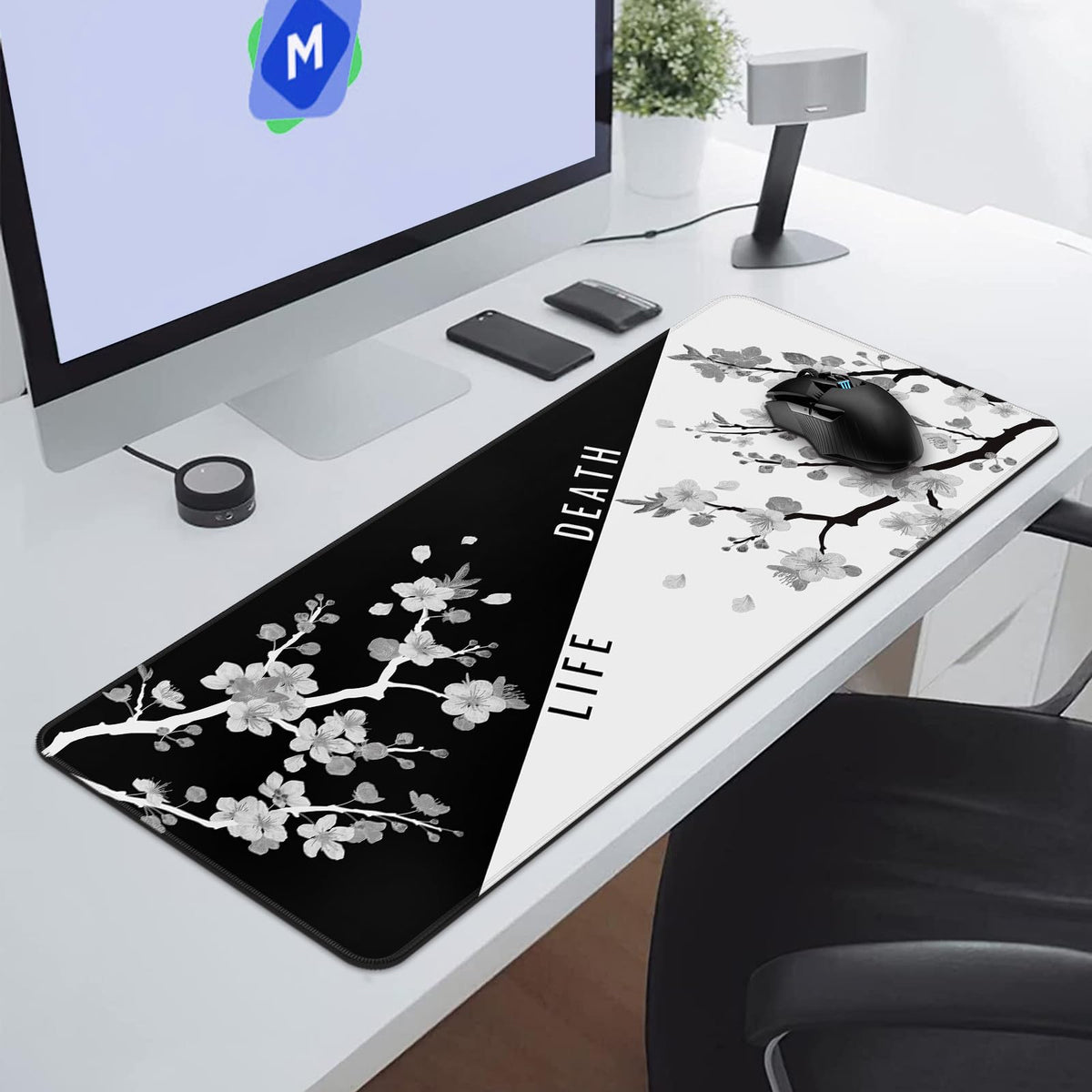 DIGSOM Mouse Pad Black and White Cherry Blossom Pattern, 31.5 x 11.8in