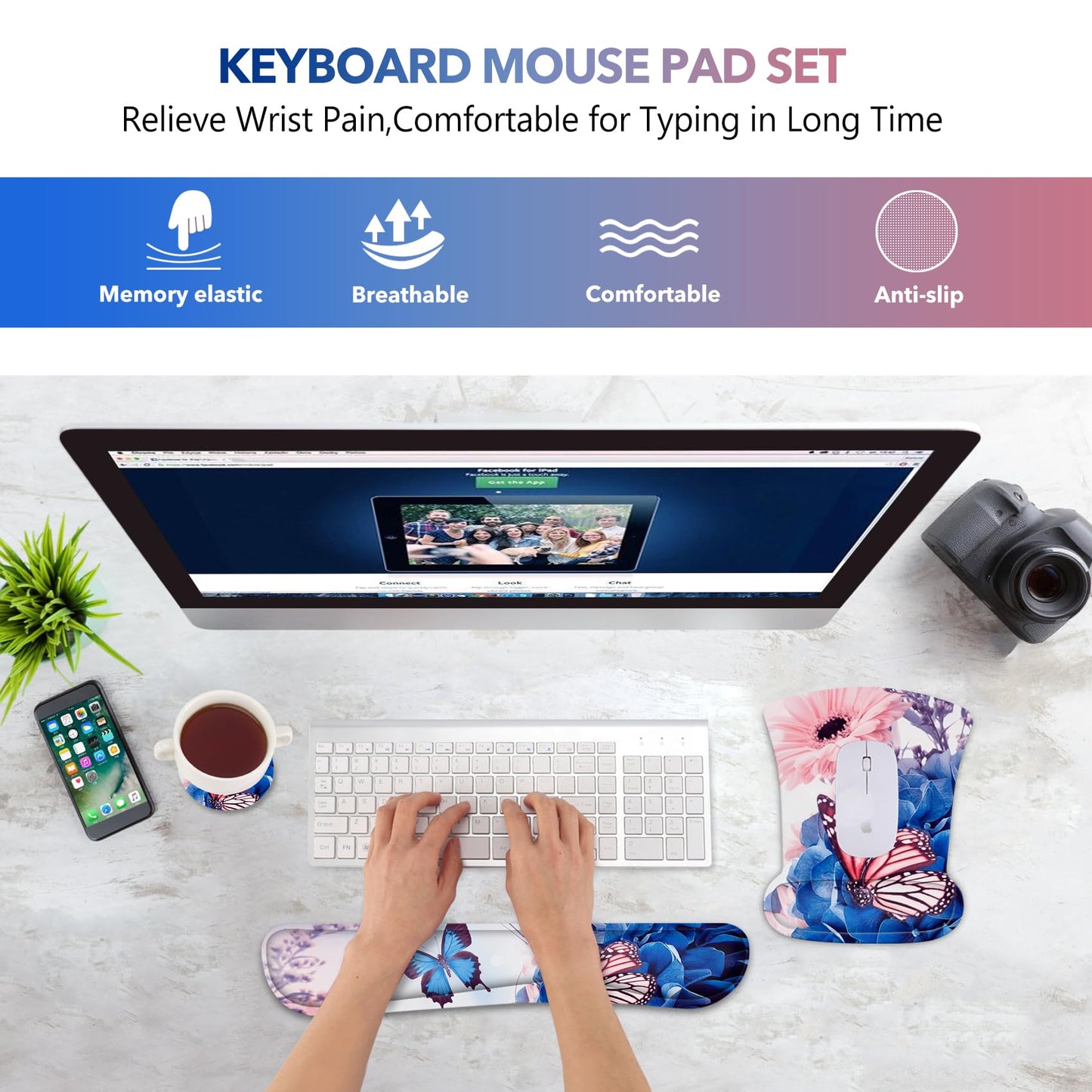 AIMSA Wrist Rest Support Mouse Pad Ergonomic, Memory Foam Keyboard Wrist Rest Set Non-Slip Easy