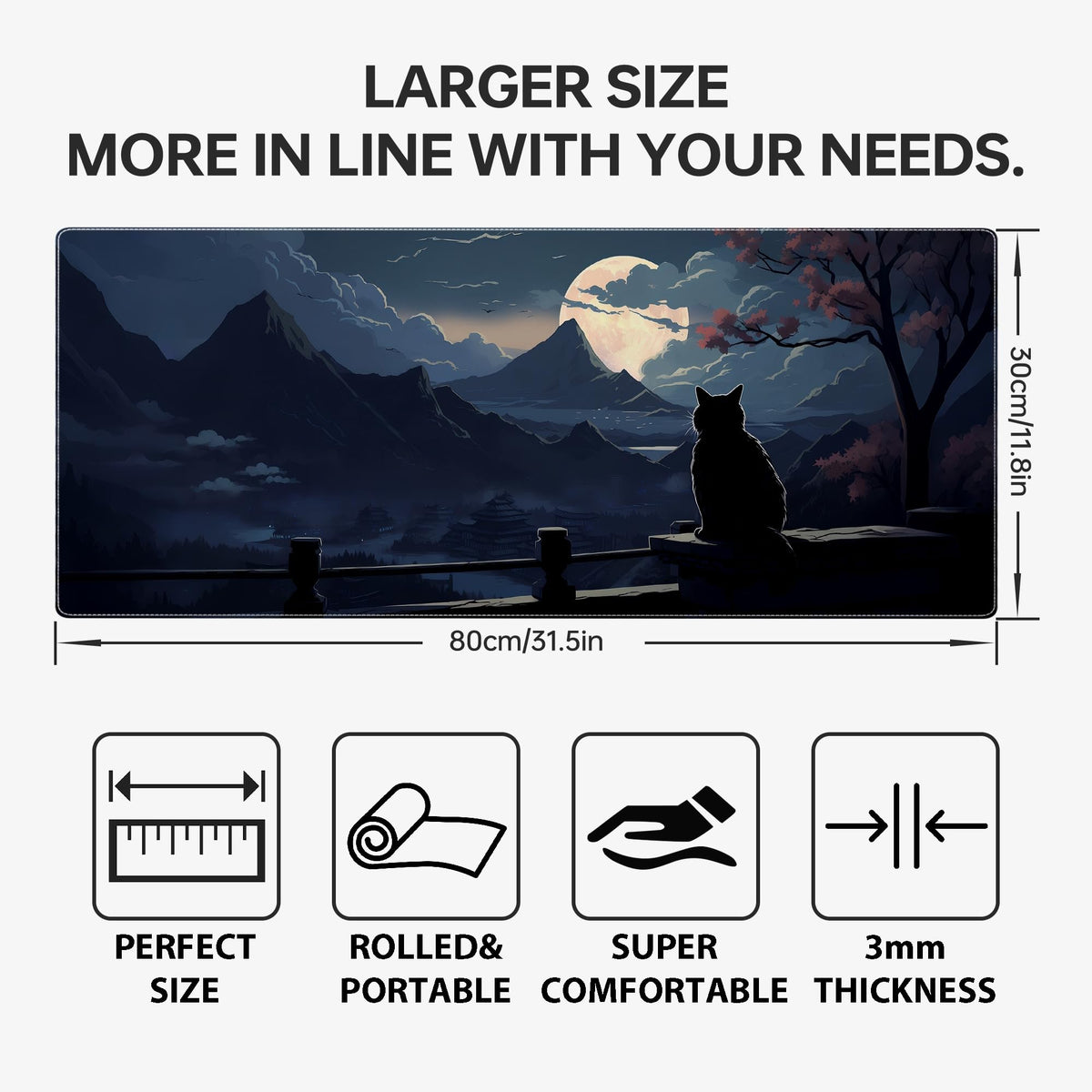 Moon Cat Large Gaming Mouse Pad,Black XL Mouse Pad Gaming 31.5 x 11.8 in Mouse Mat Desk Pad,Large