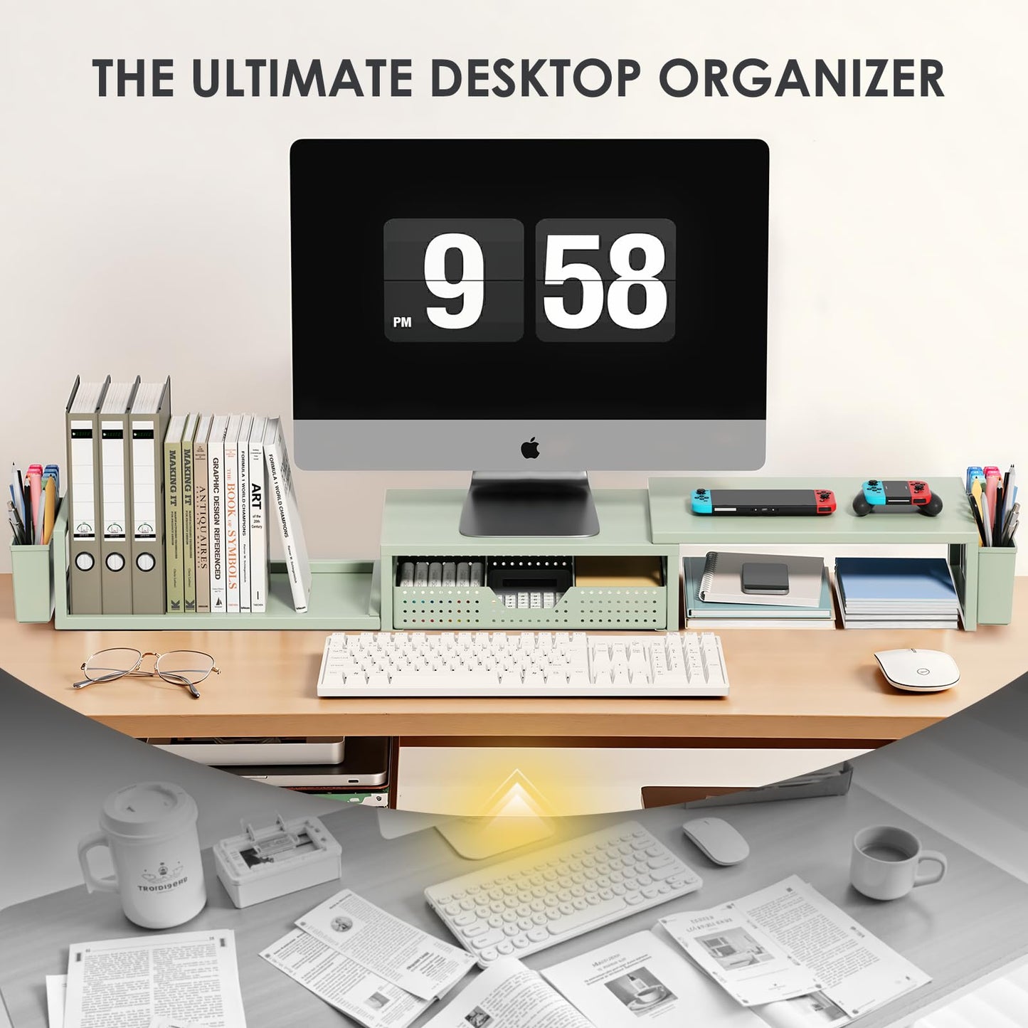 OPNICE Desk Organizers and Accessories, Dual Monitor Stand Riser with Drawer and 2 Pen Holders