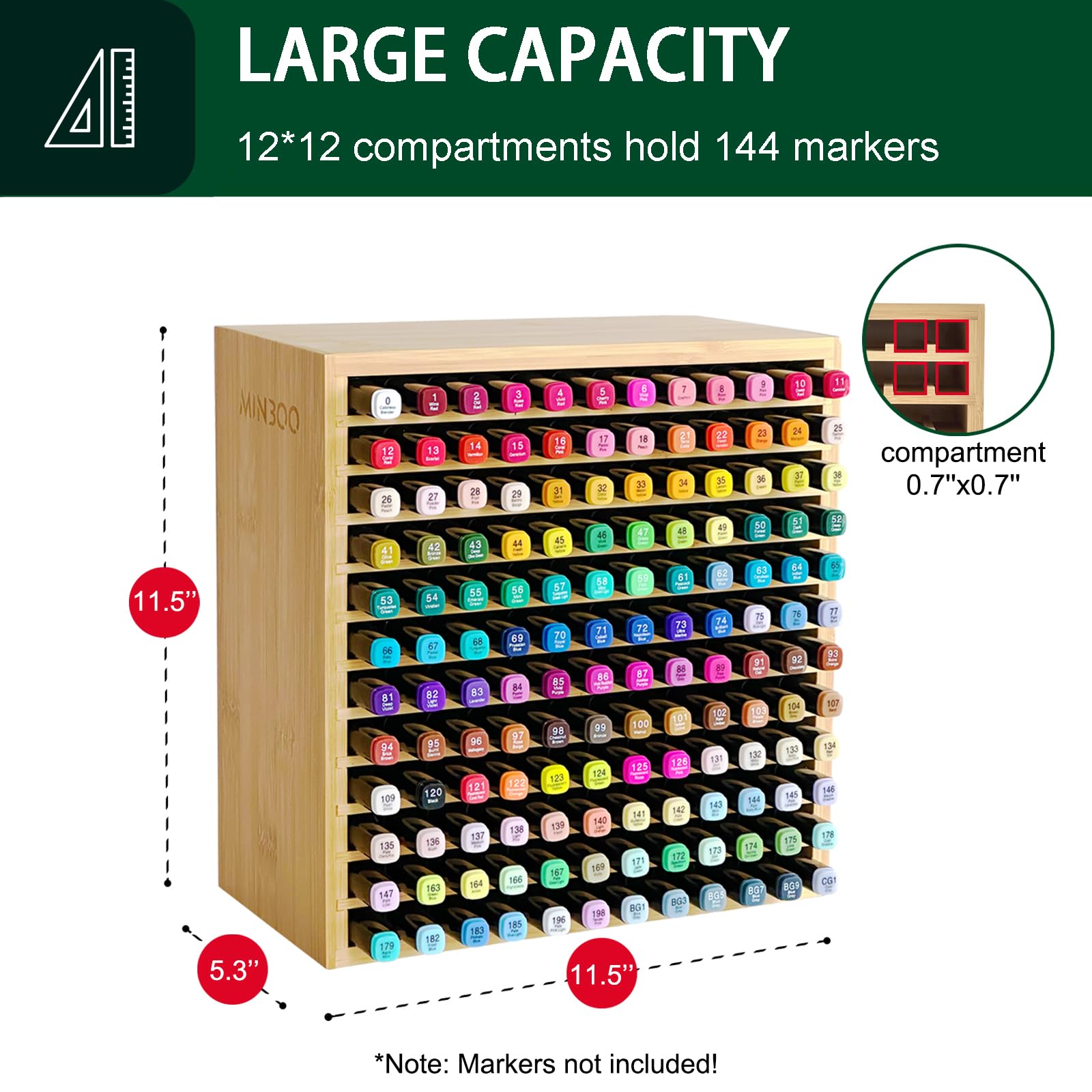 MinBoo Marker Organizer for 144 Markers, Bamboo Art Supply Storage Organizer Rack, Art Markers Pens