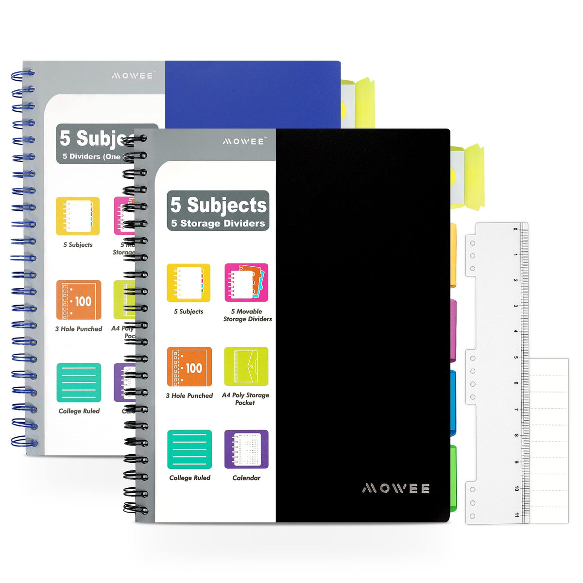 MOWEE 5 Subject Notebook, 2 Pack College Ruled Notebook with Storage Divider Pockets, Index Tabs