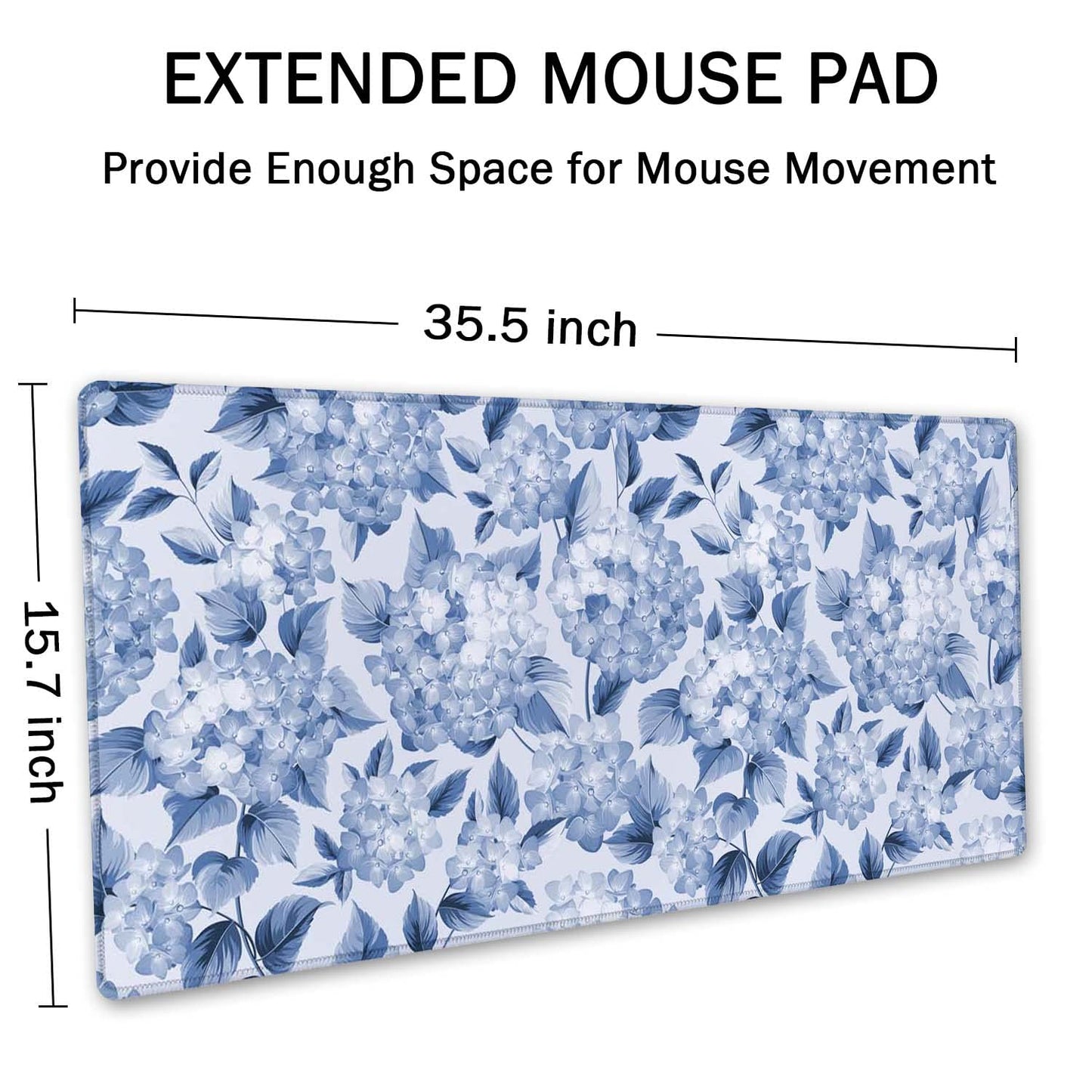 SSOIU Blue Hydrangea Flowers Desk Mat, Floral Large Aesthetic Mouse Pad 35.5" X 15.7", Waterproof