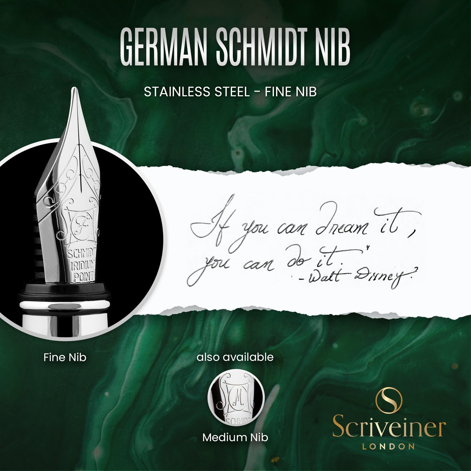 Scriveiner British Racing Green Fountain Pen - Stunning Luxury Pen with Chrome Finish, Schmidt Nib