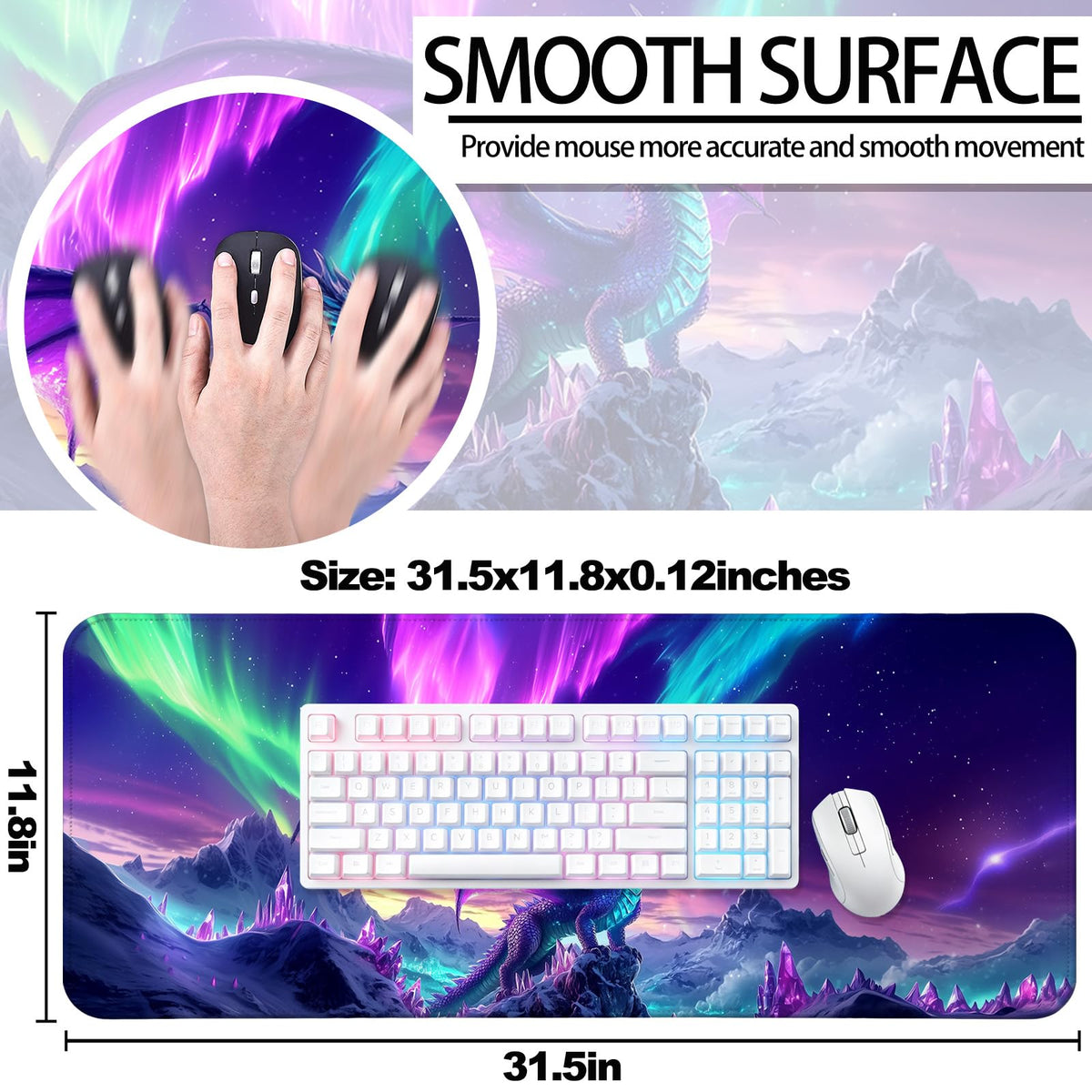 JIANG100 Fantasy Dragon Under Aurora Sky Gaming Desk Mat & Mouse Pad, XL