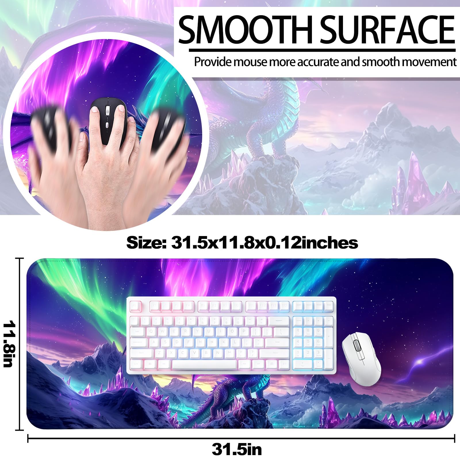 JIANG100 Fantasy Dragon Under Aurora Sky Gaming Desk Mat & Mouse Pad, XL