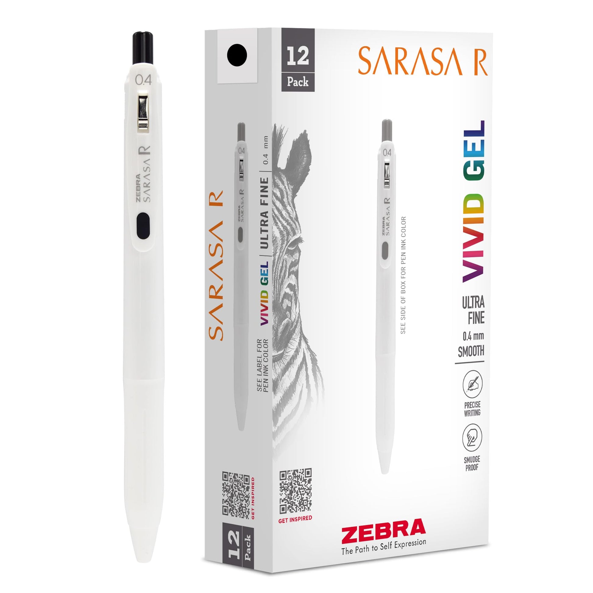 Zebra Pen SARASA R Vivid Gel Retractable Pen, Black Ink, 0.4mm, 12-Pack