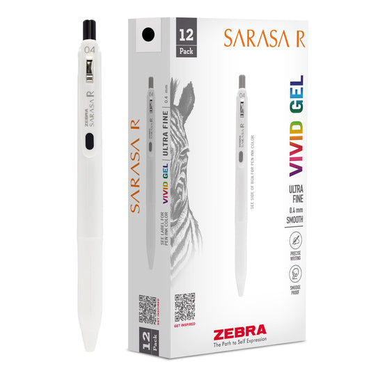 Zebra Pen SARASA R Vivid Gel Retractable Pen, Black Ink, 0.4mm, 12-Pack