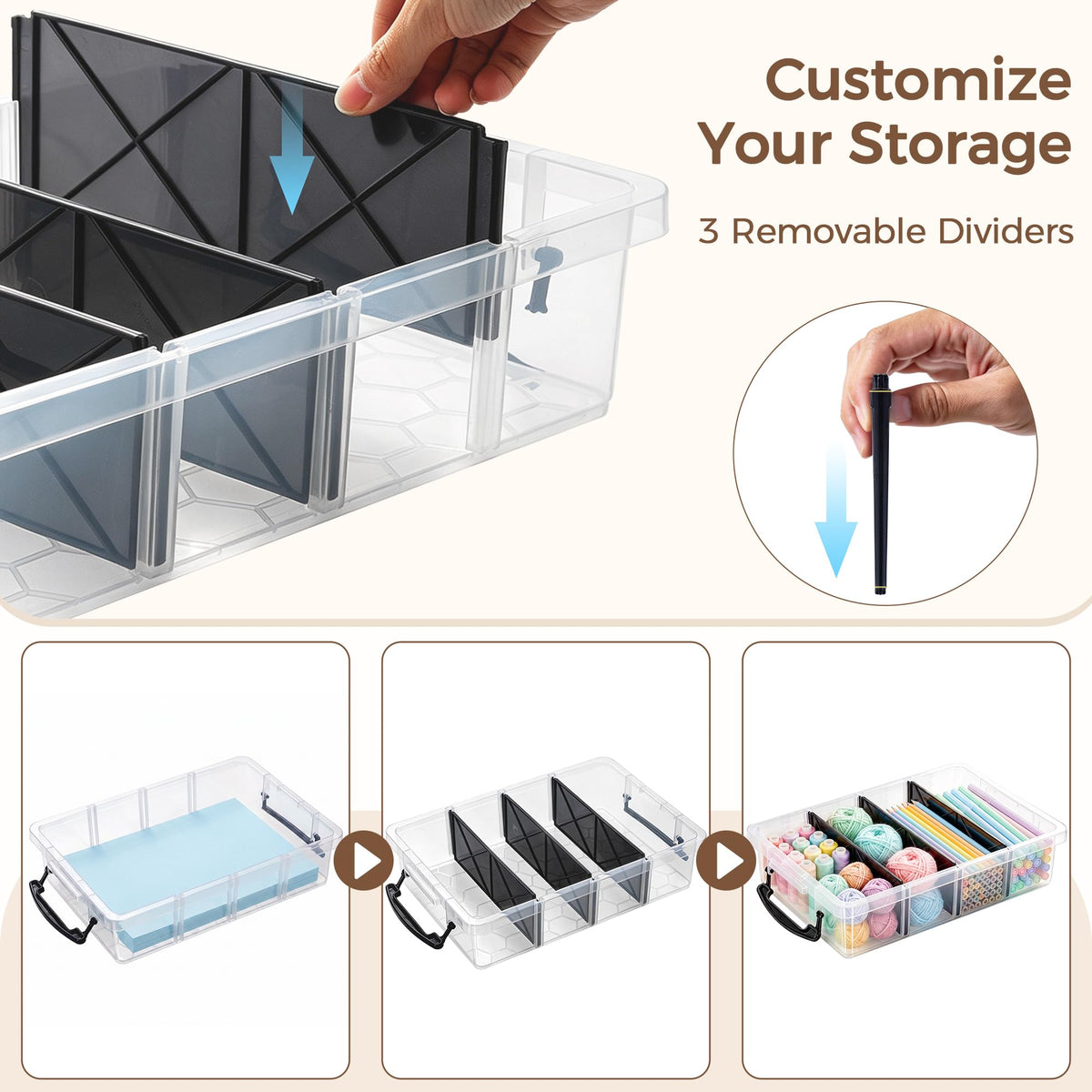 Citylife 2PC Clear Craft Organizers and Storage with 3 Removable Dividers