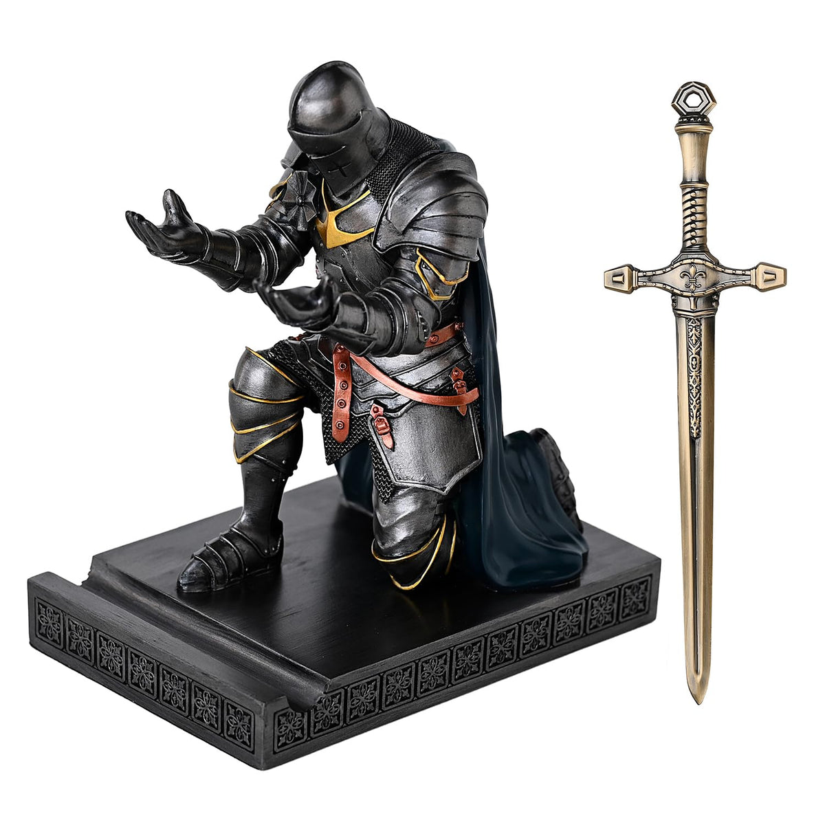 Medieval Armored Knight Pen Holder Figurine Paperweight Phone Stand Irn&Grn