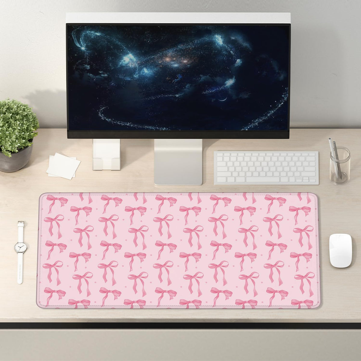 Foritho Cute Coquette Pink Bow Aesthetic Mouse Pad 31.5x15.7inch, Preppy Girly Pink Bow Mouse Pads