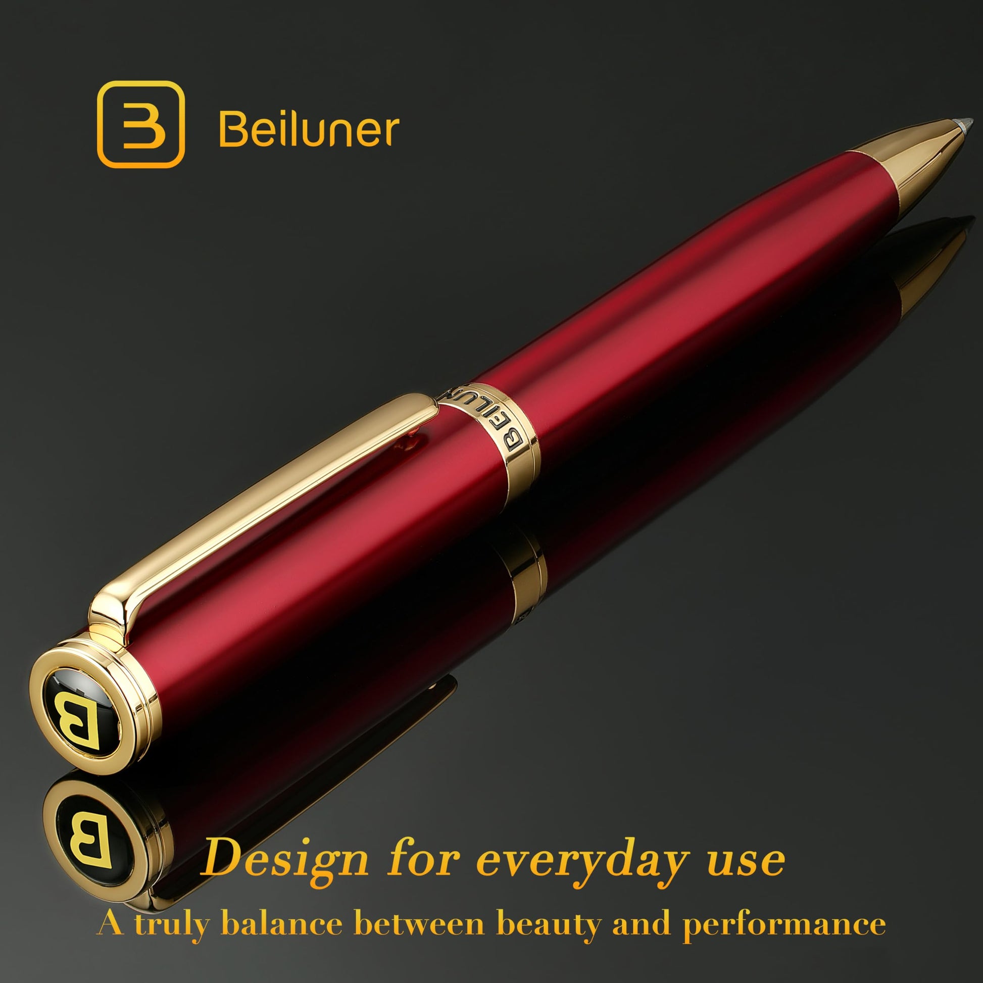 BEILUNER Red Lacquer Gel Pen With 24K Gold Finish, Retractable Pens, Gift Pen Set, Professional