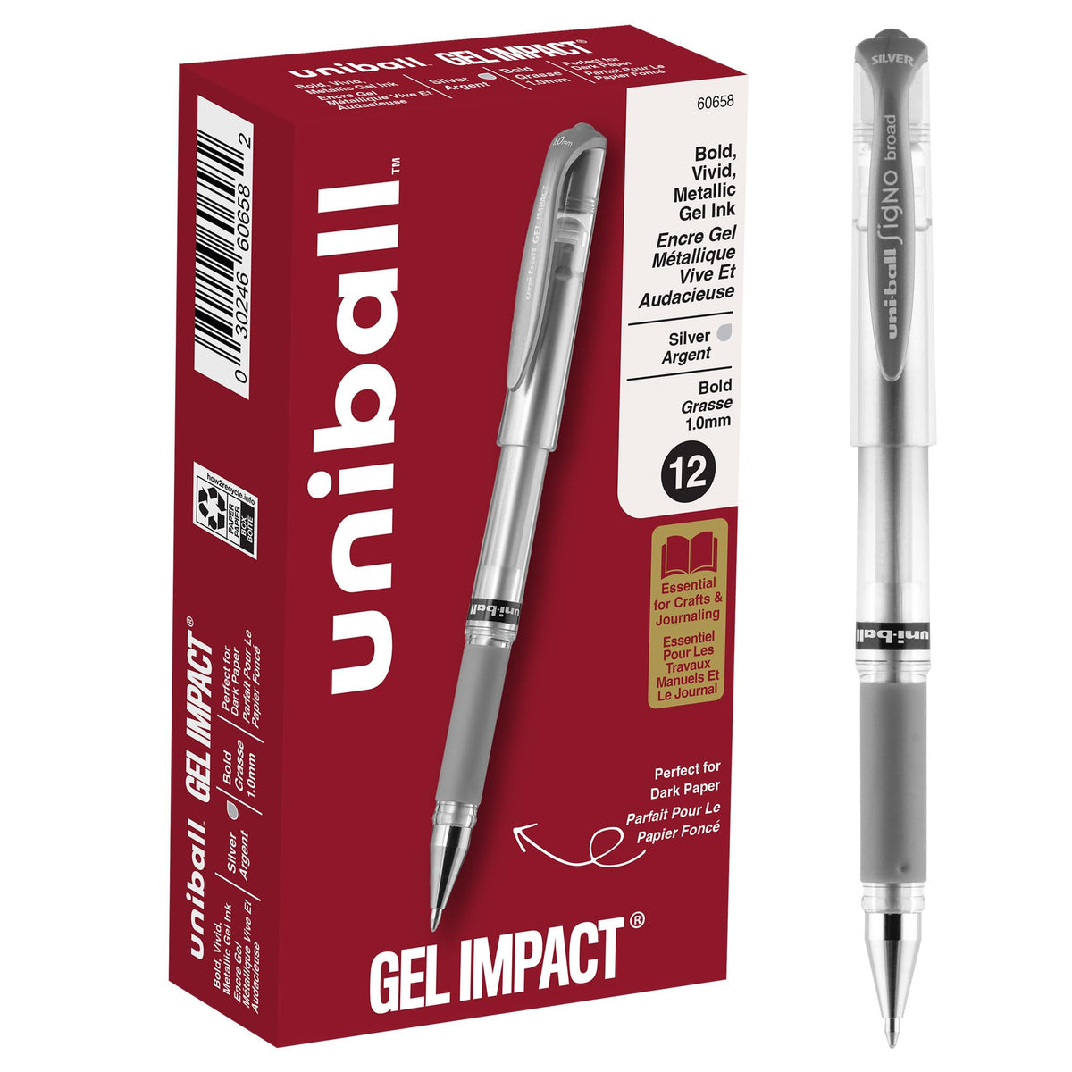 uniball™ Signo Gel Impact Pens, Bold (1.0mm), Silver Metallic, 12 Pack