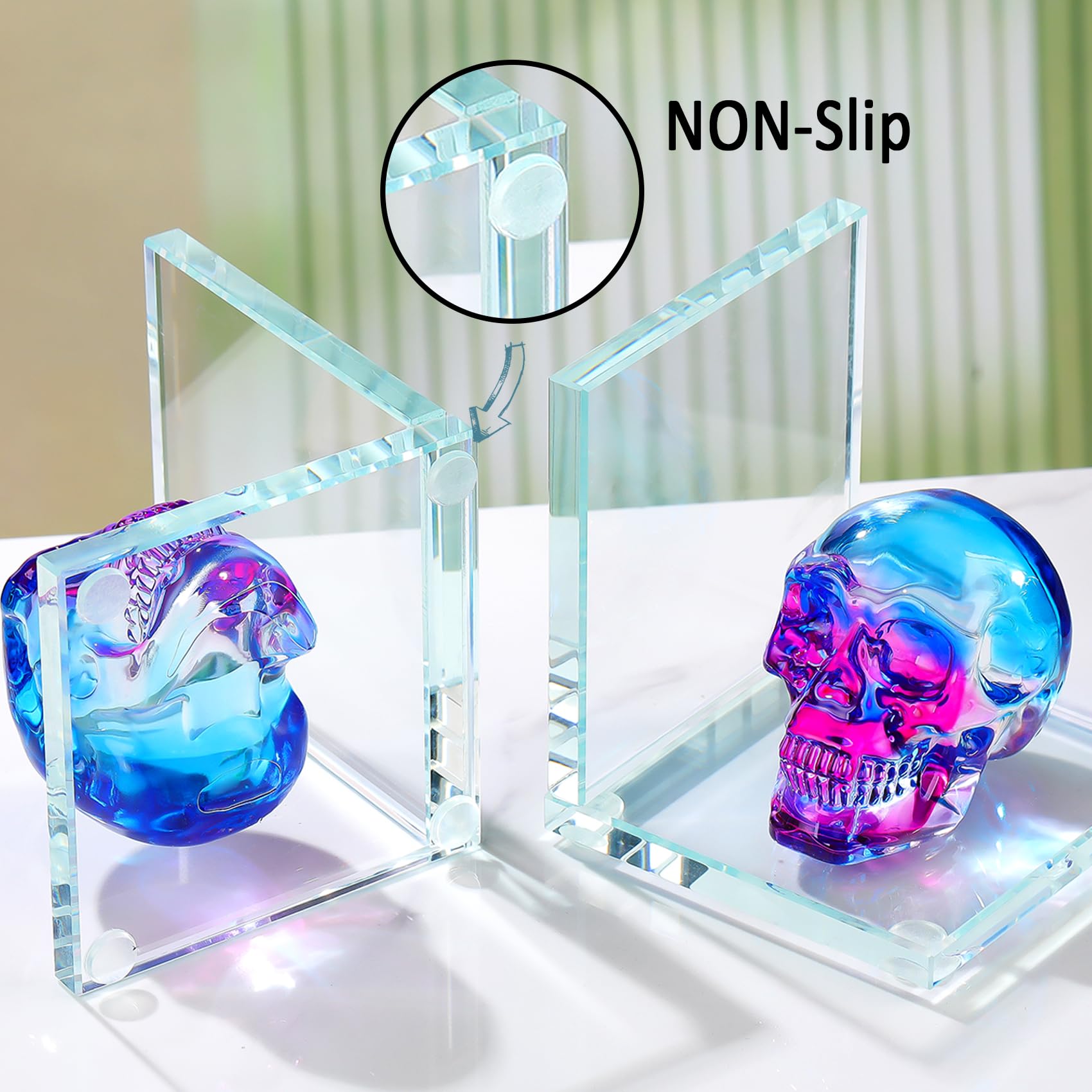 Glass Skull Book Ends for Shelves with Blue and Purple Crystal Skulls