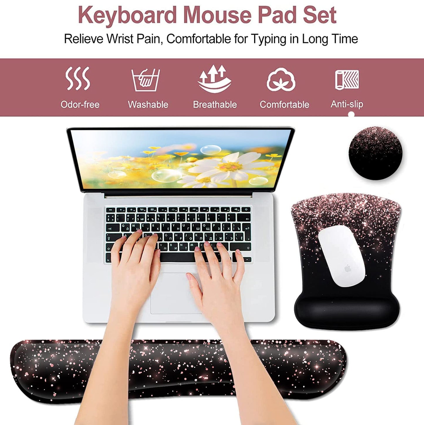 Rose Gold Glitter Mouse Pad with Wrist Support - Ergonomic Gel & Soft Memory Foam Keyboard Rest