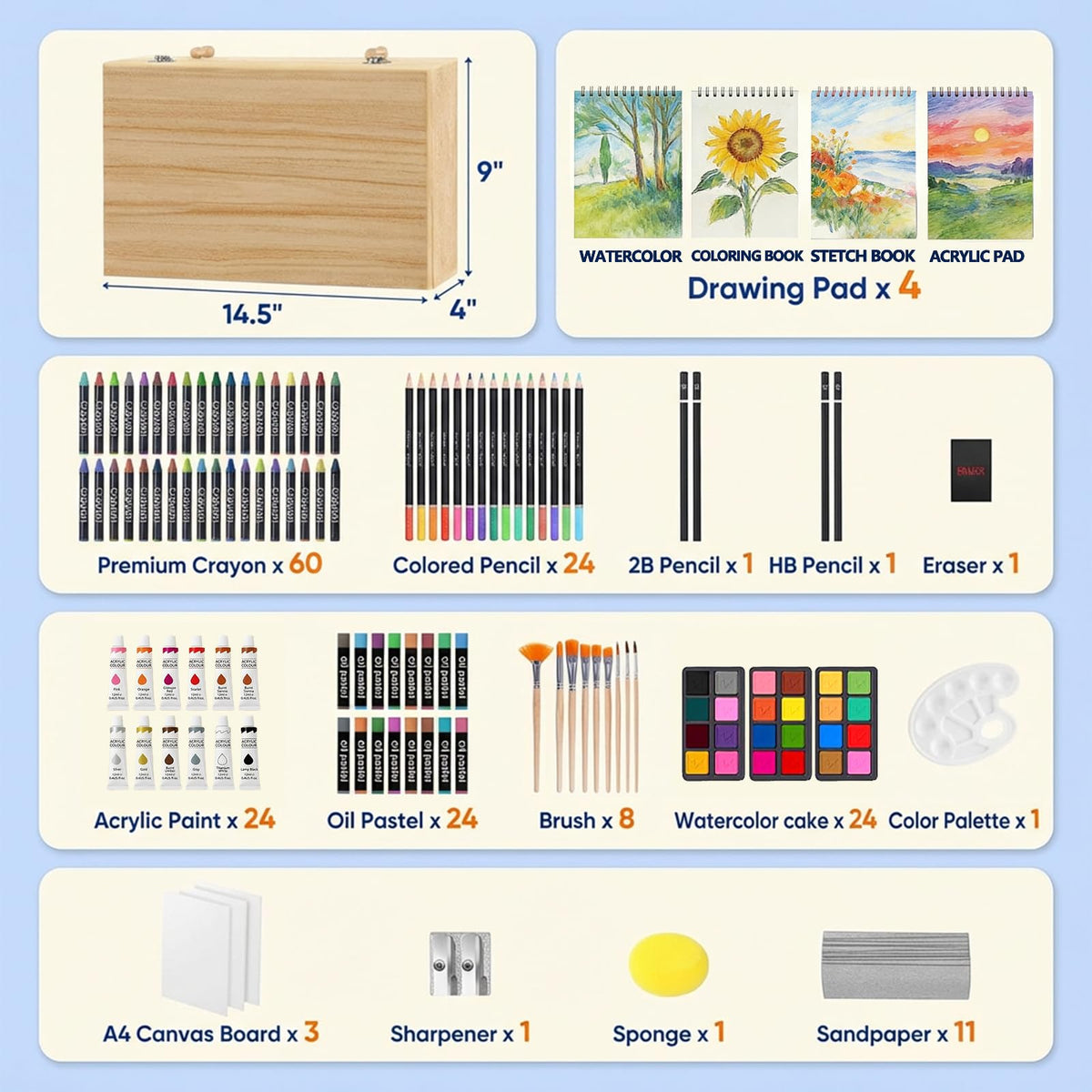 194 Piece Deluxe Art Set, Painting Drawing Art Supplies with 4 Drawing Pads, Acrylic Paints
