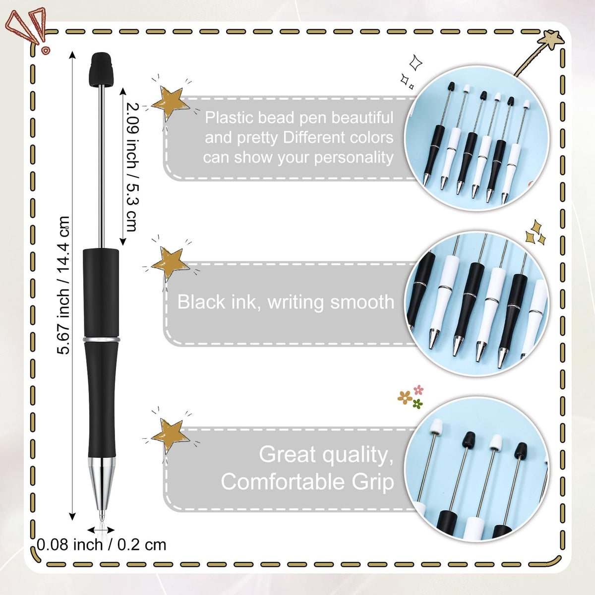 Kosiz 60 Pieces Beadable Pens Bulk Black Ink Pens,Black, White,Simple
