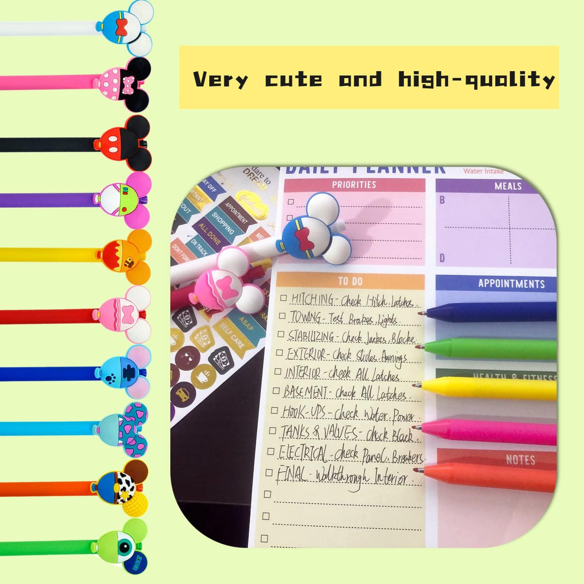 APQA 10pcs Mouse Head Character Ears Pens Set, Retr ctable Ballpoint Pen, Multi Color Jumbo