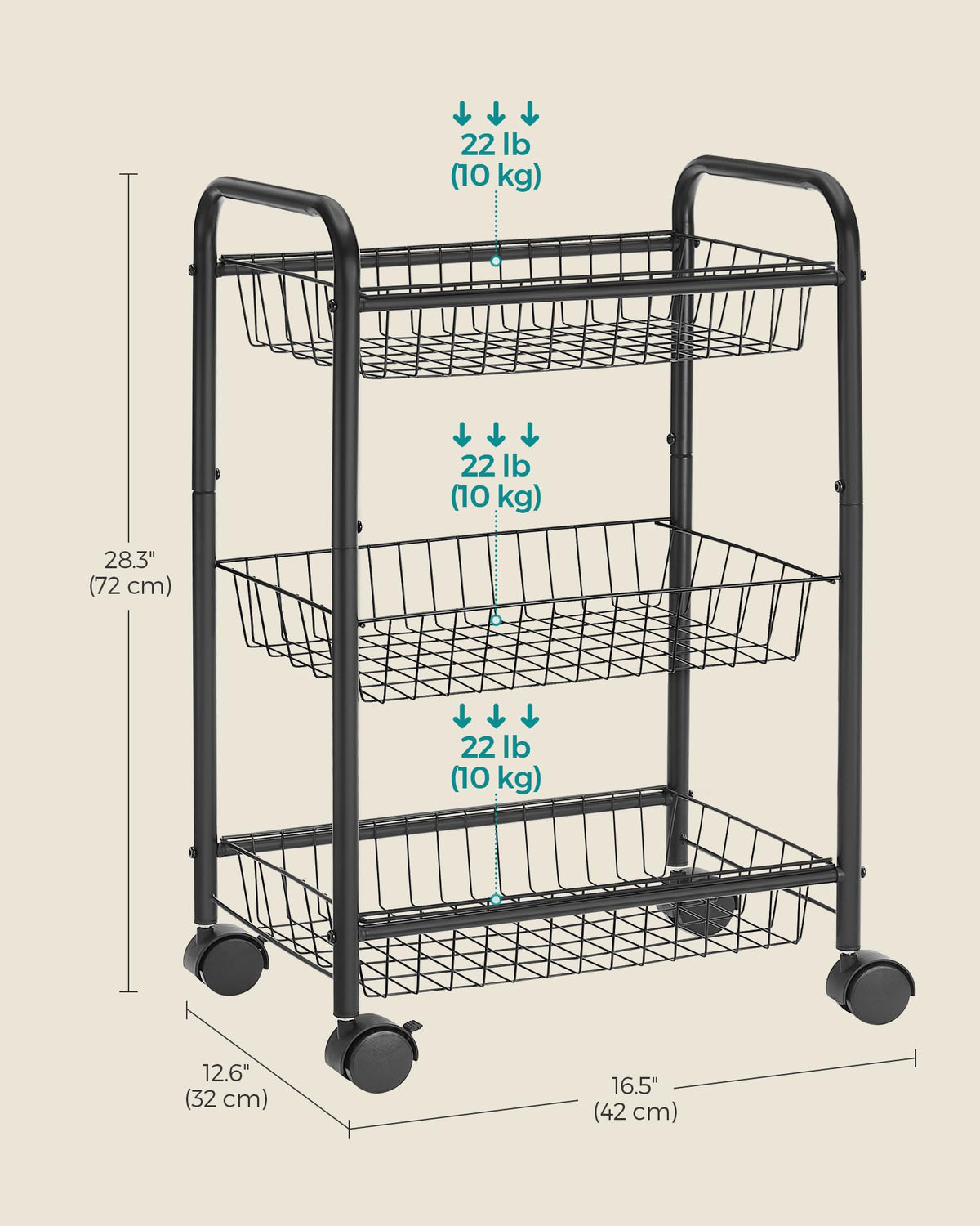 SONGMICS 3-Tier Steel Rolling Cart with Removable Baskets