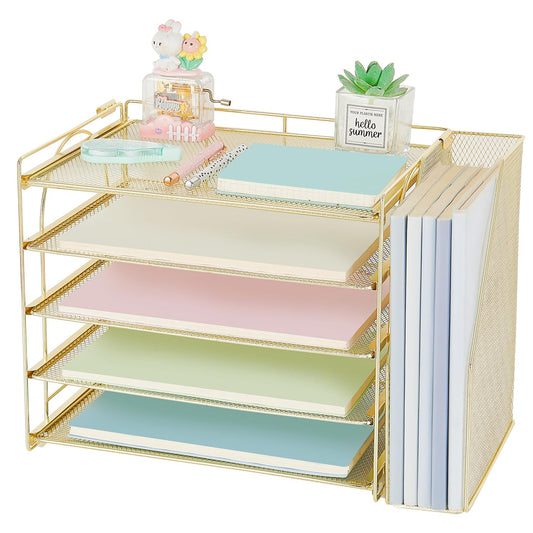 AUPSEN Gold Desk Organizers and Accessories, 5-Tier Desktop Paper File Organizer with Removable