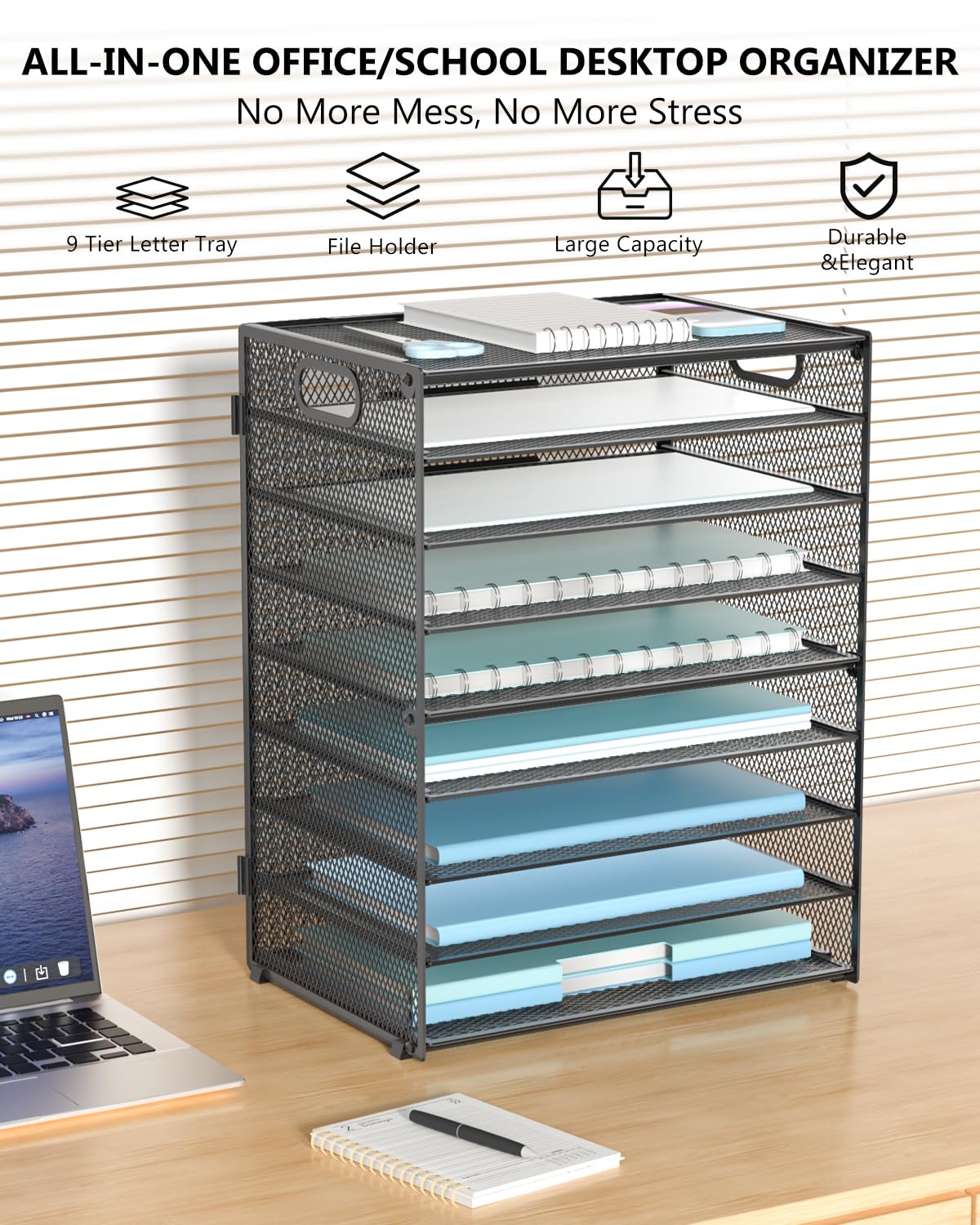 WALI Desk File Organizer, 9 Tier Desktop Paper Letter Tray Organizer with Handle, Office Desk