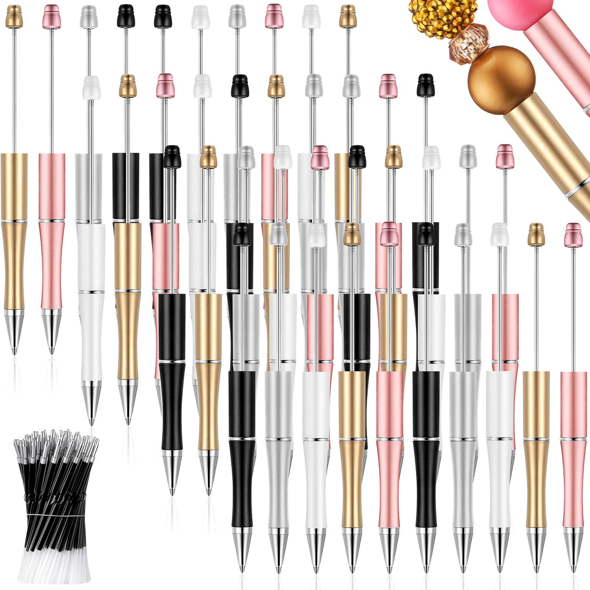 Crtiin 100 Pcs Beadable Pen School DIY Kit,Black Gold