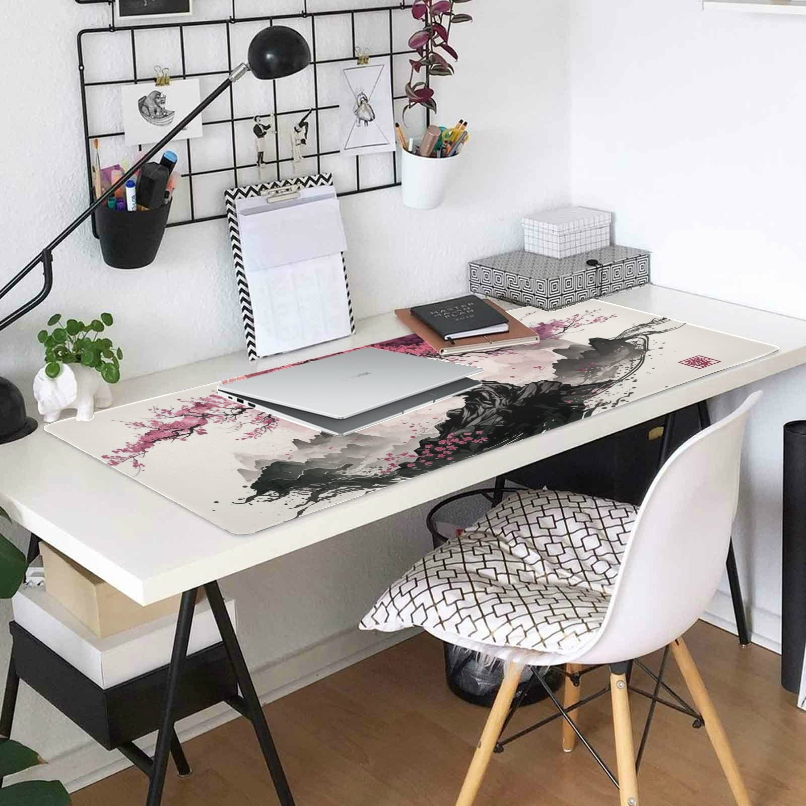 Japanese Art Style XL Mouse Pad - Non-Slip Mouse Pad Protector with Cherry Blossom Sakura Ink
