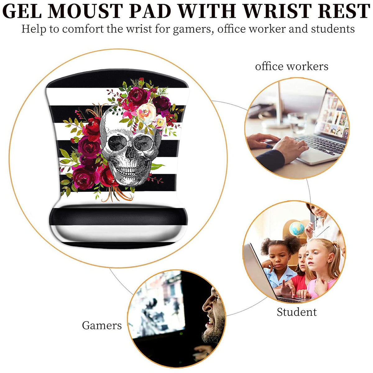 Ergonomic Mouse Pad Wrist Support Gel and Keyboard Wrist Rest Set Skull Flower Design for Laptop