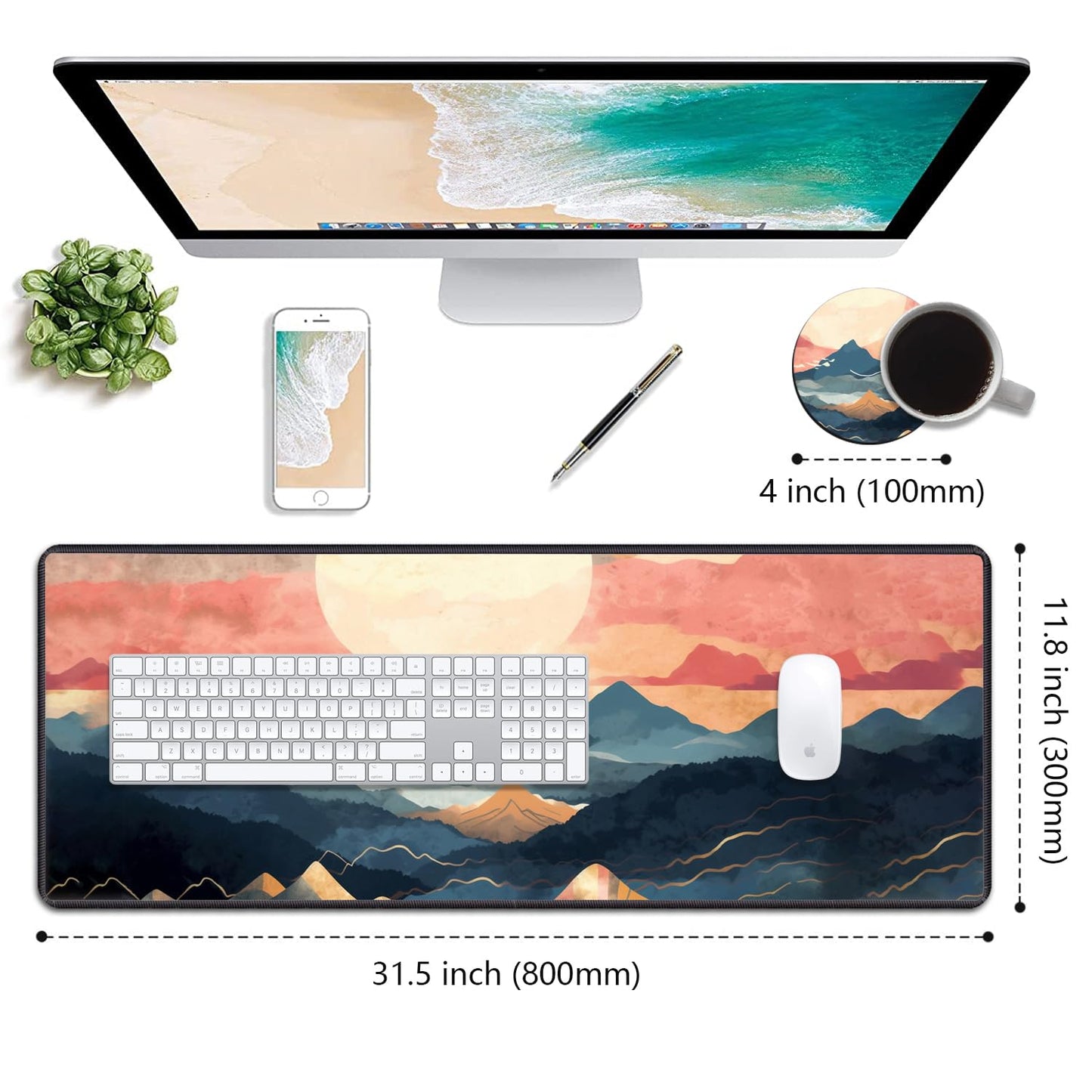 Desk Pad Mat Gaming Mouse Pads with Coasters, 31.5"x 11.8" XXL Large Big Computer Keyboard Mouse