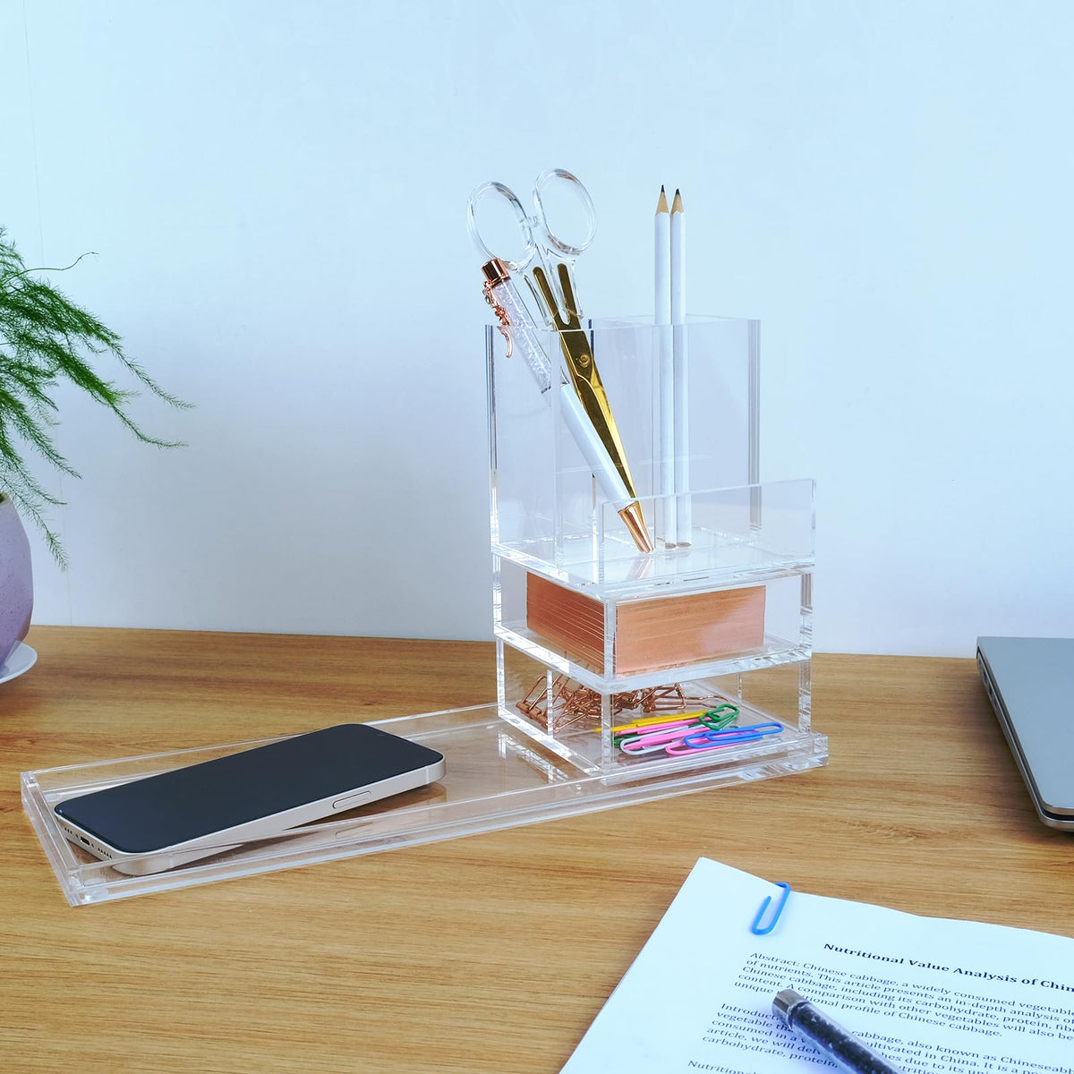 EXPUTRAN Clear Acrylic Desk Organizer 4-Piece Desk Kit + Free Complimentary Acrylic Ruler, Desktop