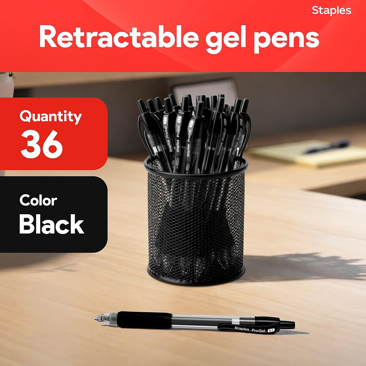 Staples ProGel Retractable Gel Pens, Fine 0.7mm, Black Ink, 36-Pk