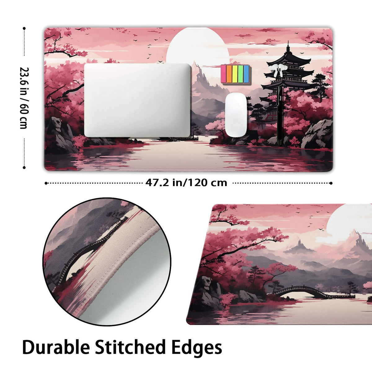 Pink Japanese Sakura Gaming Mouse Pad Extended 3XL Cherry Blossom Tower Mountain Landscape Large