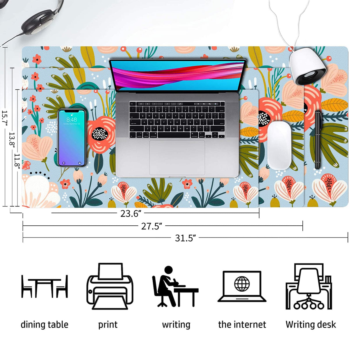 Floral Desk Mat, Non-Slip PU Leather Desk Pad, Blue 27.5"x13.8"