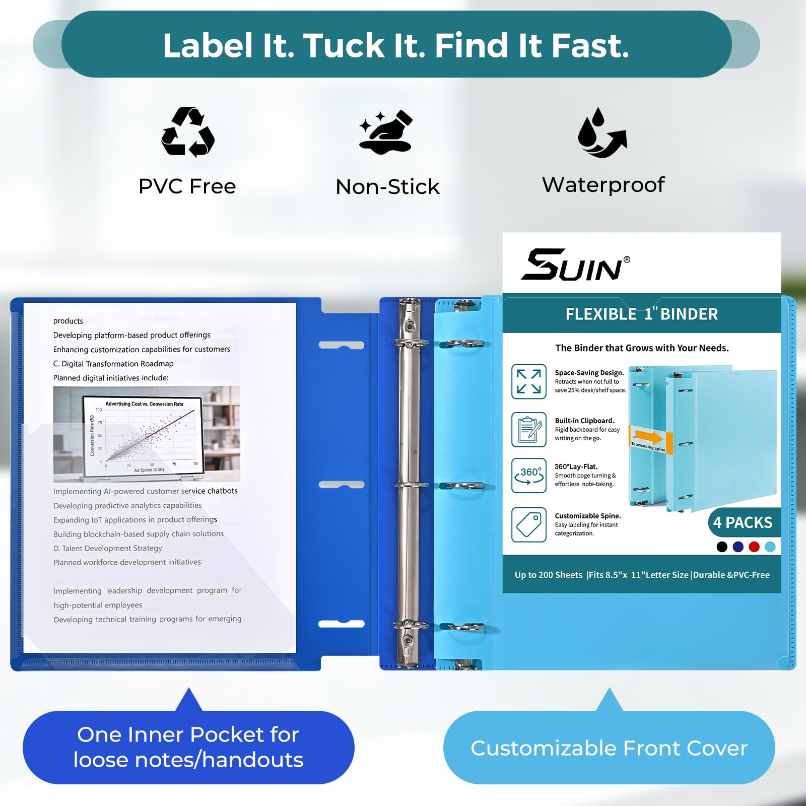 SUIN 1-inch 3 Ring Binders with Pocket, Expandable 1.2 inch Spine Binder, 4 Color-Code with Clear