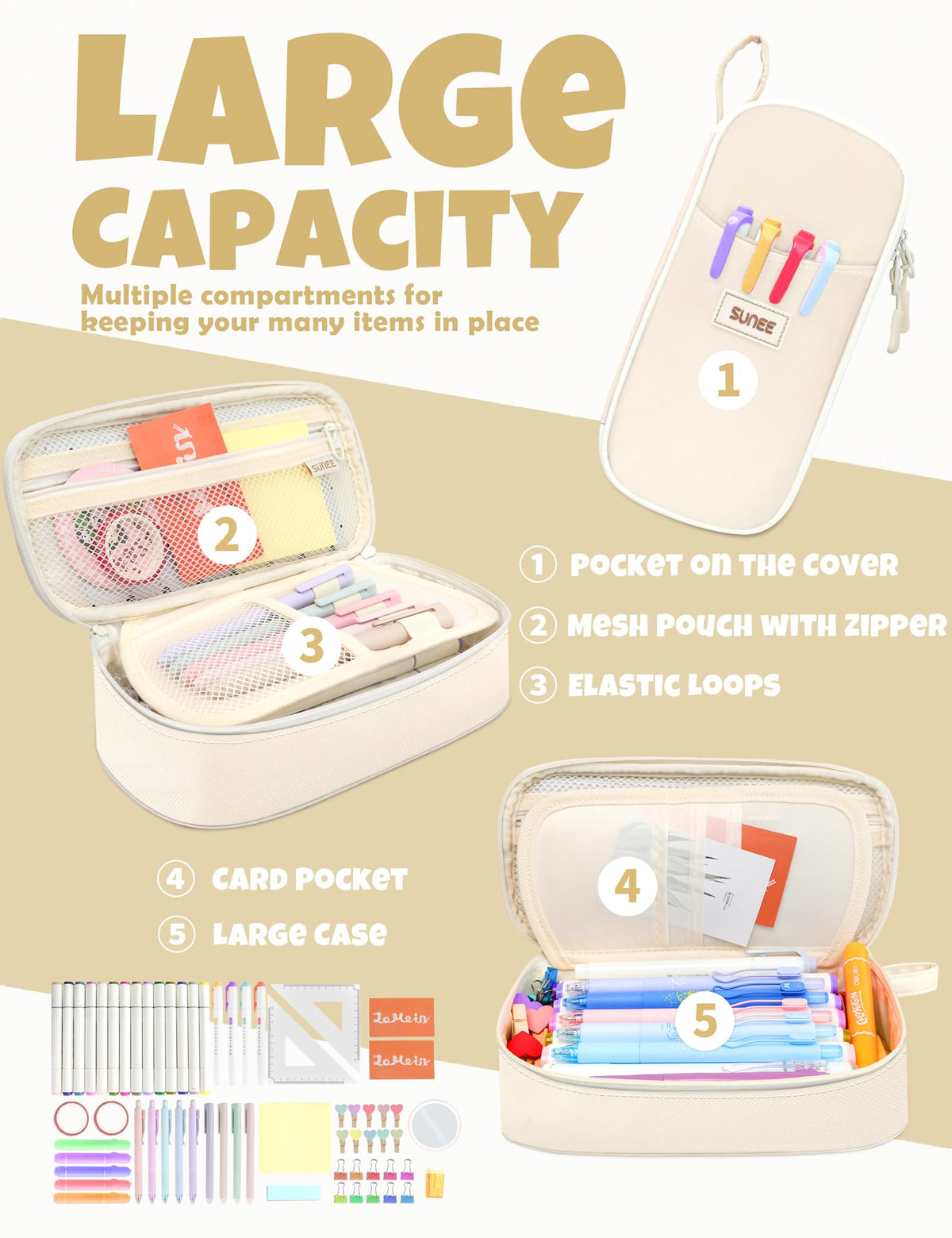 SUNEE Cute Pencil Case, Aesthetic Pen Pouch, Colored Large Pencil Bag with Zipper, Kawaii