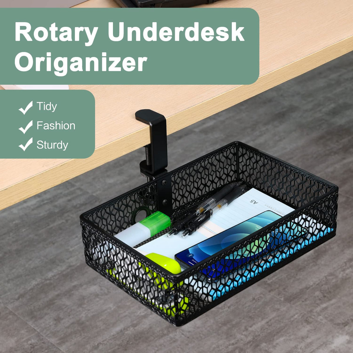 ROSYLINE Under Desk Storage Basket Hanging Drawer Tray, Clamp On Organizer