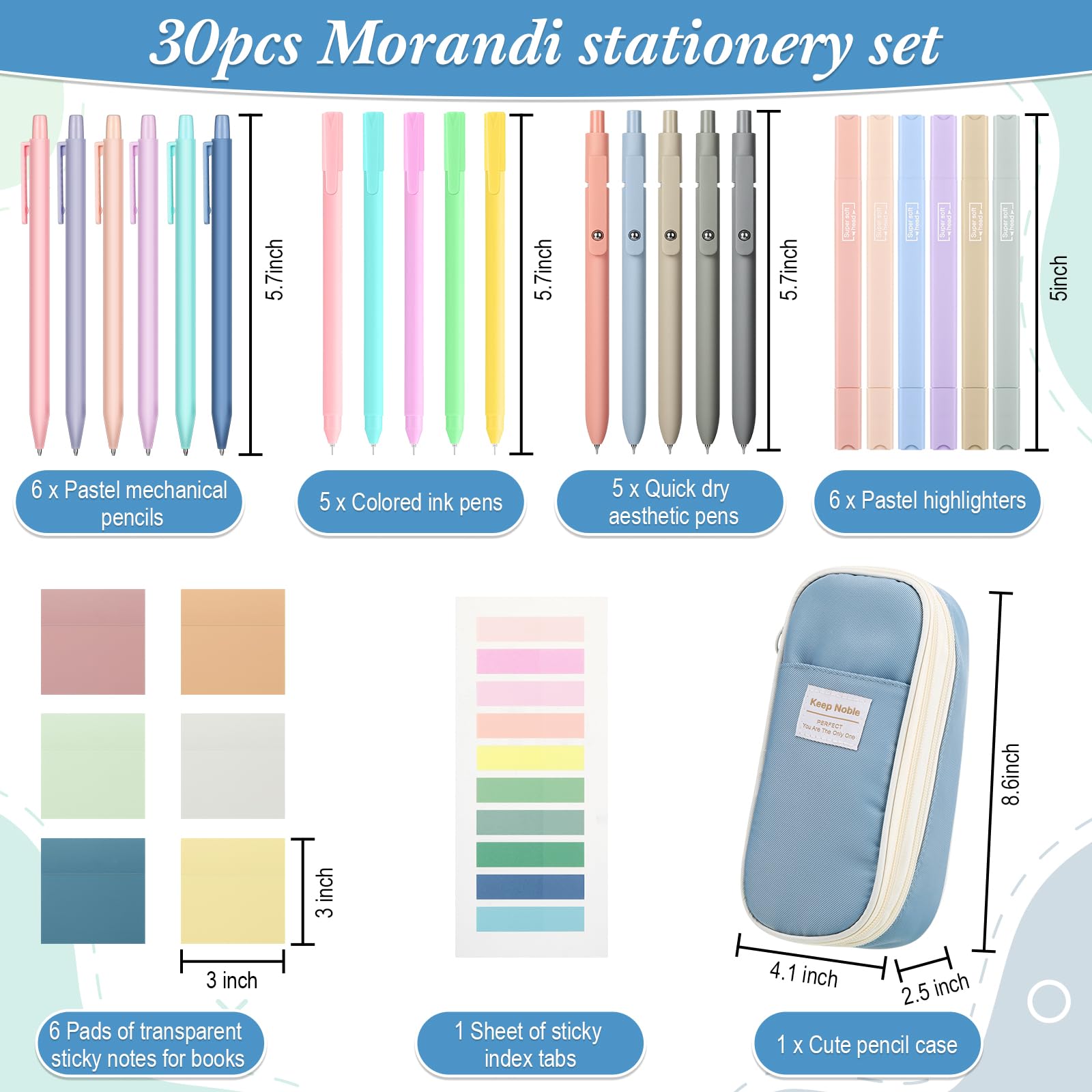 Lincia 30 Pcs Aesthetic School Supplies for Stationary Essentials, Fog Blue