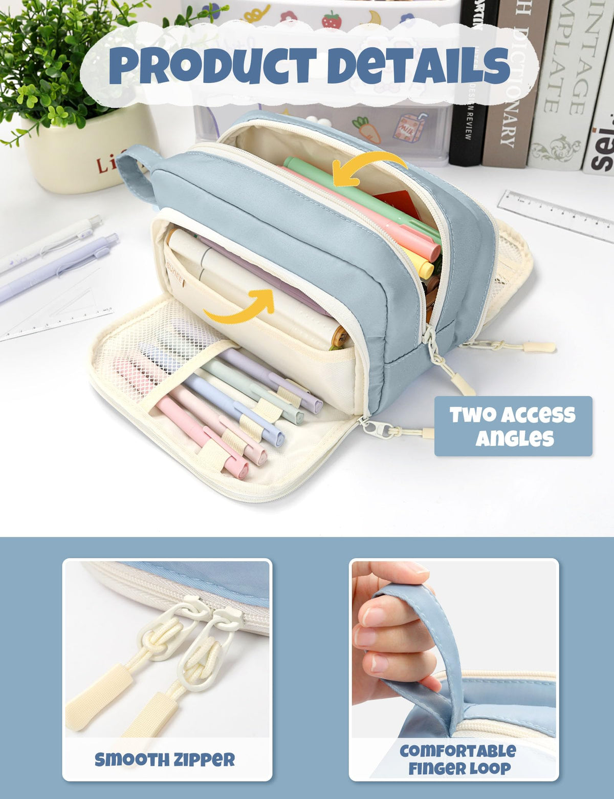 SUNEE Large Pencil Case, Big Capacity Pen Pouch with 3 Compartments, Kawaii Cute Pencil Bag with