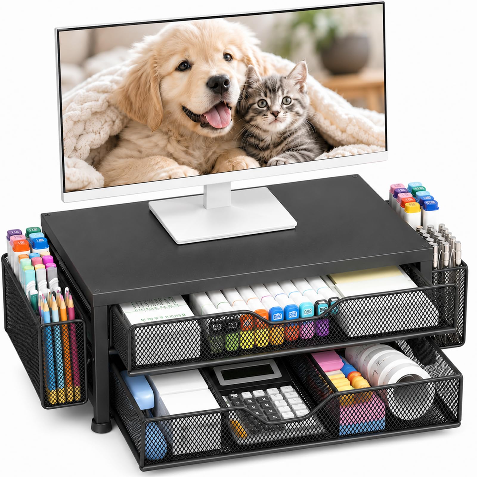 OPNICE Desk Organizer and Accessories, 2-Tier Computer Monitor Stand Riser with Drawer and 2 Pen