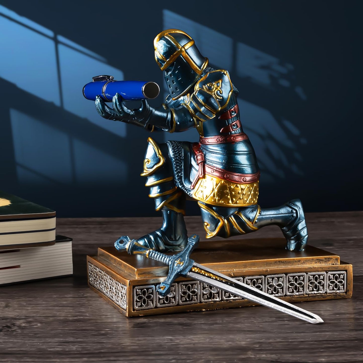 MACLARONX Kneeling Knight Pen Holder with Sword Medieval Warrior Fancy Pencil Stand for Office Desk