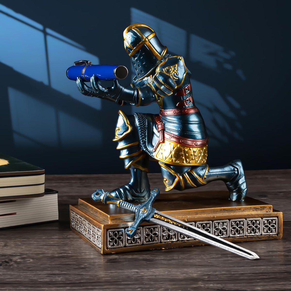 MACLARONX Kneeling Knight Pen Holder with Sword Medieval Warrior Fancy Pencil Stand for Office Desk